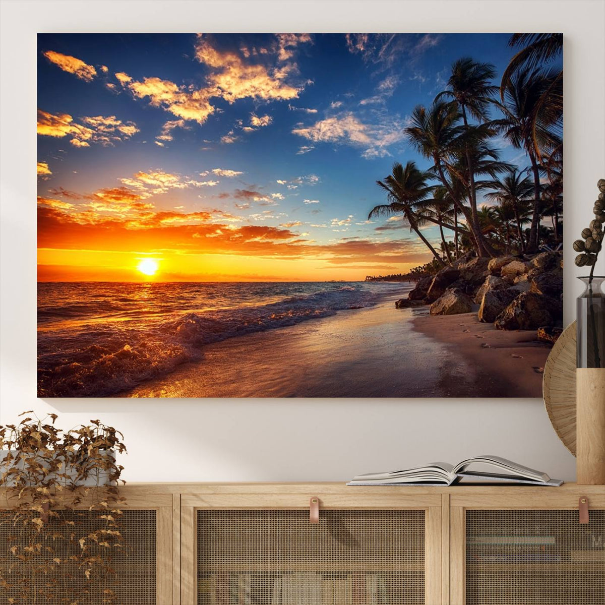 Tropical Beach Sunset Canvas Art, Palm Trees and Ocean Waves
