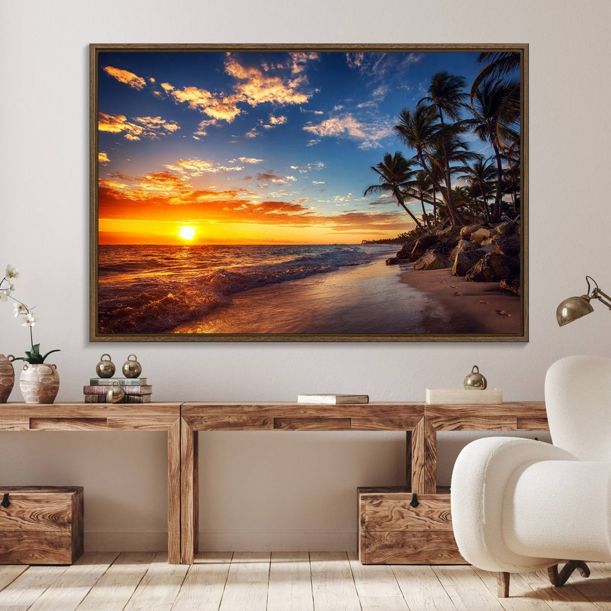 Tropical Beach Sunset Canvas Art, Palm Trees and Ocean Waves