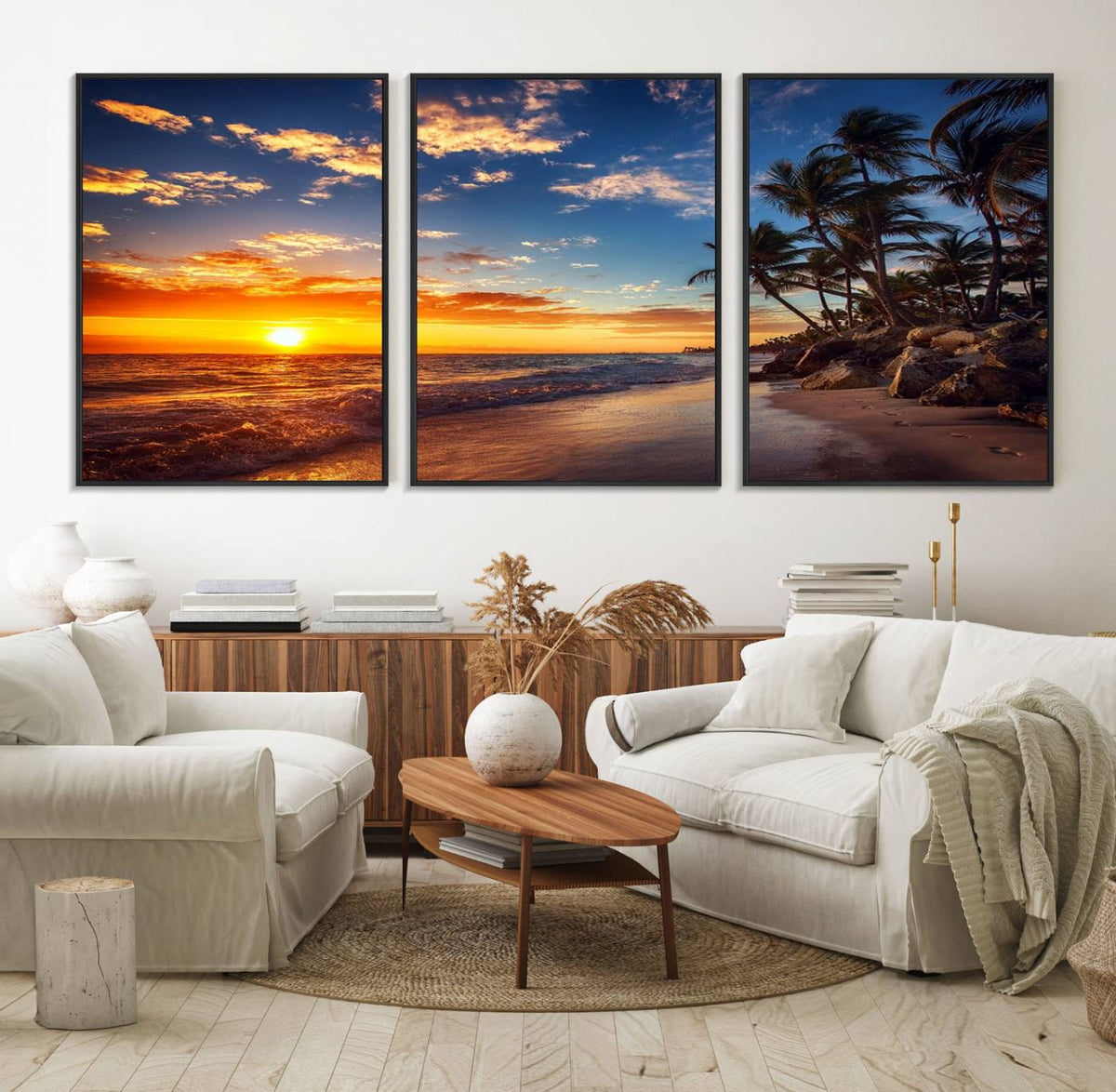 Tropical Beach Sunset Canvas Art, Palm Trees and Ocean Waves