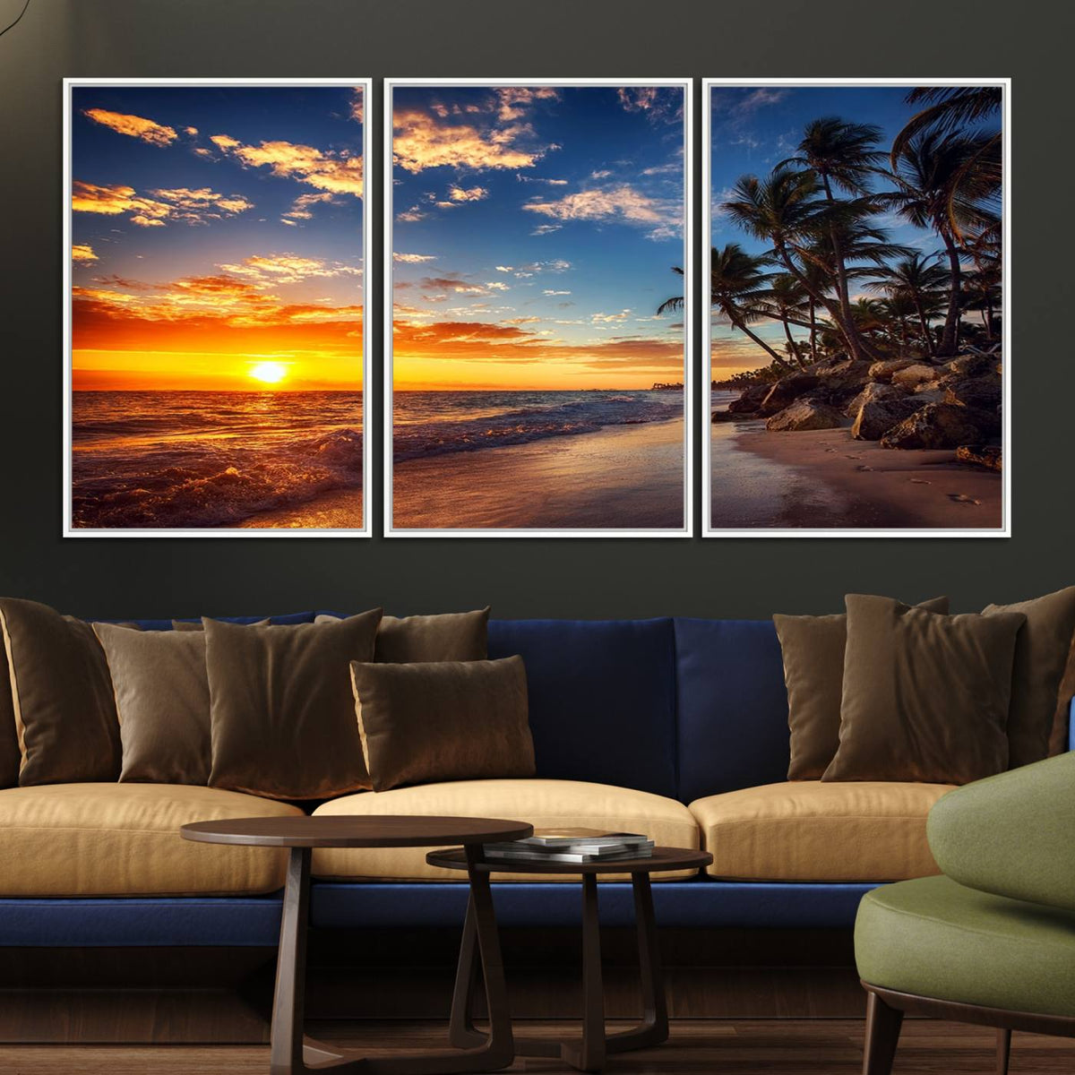 Tropical Beach Sunset Canvas Art, Palm Trees and Ocean Waves