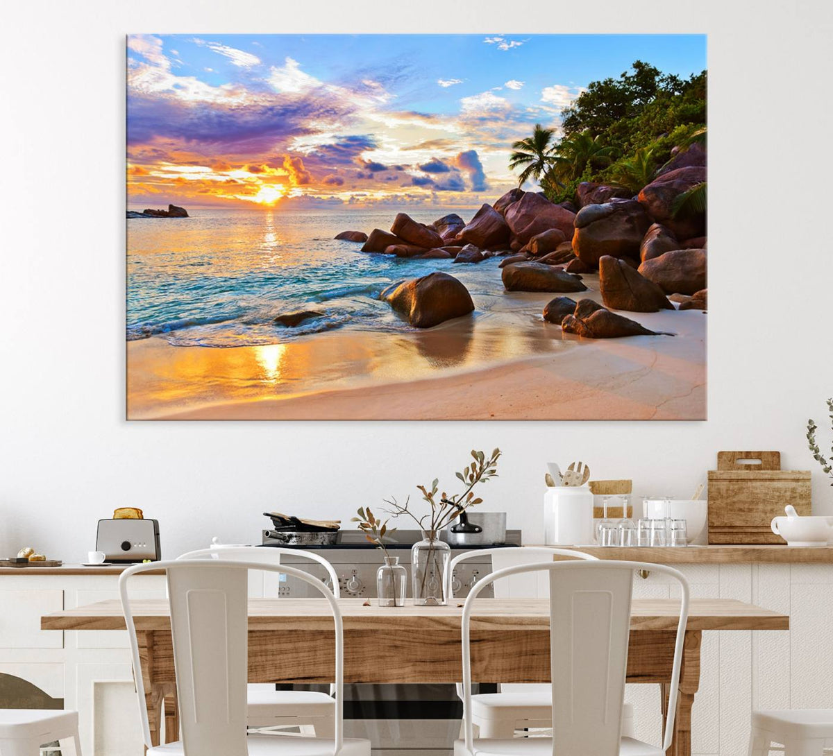 Tropical Beach Sunset Canvas Print, Ocean Waves and Rocky