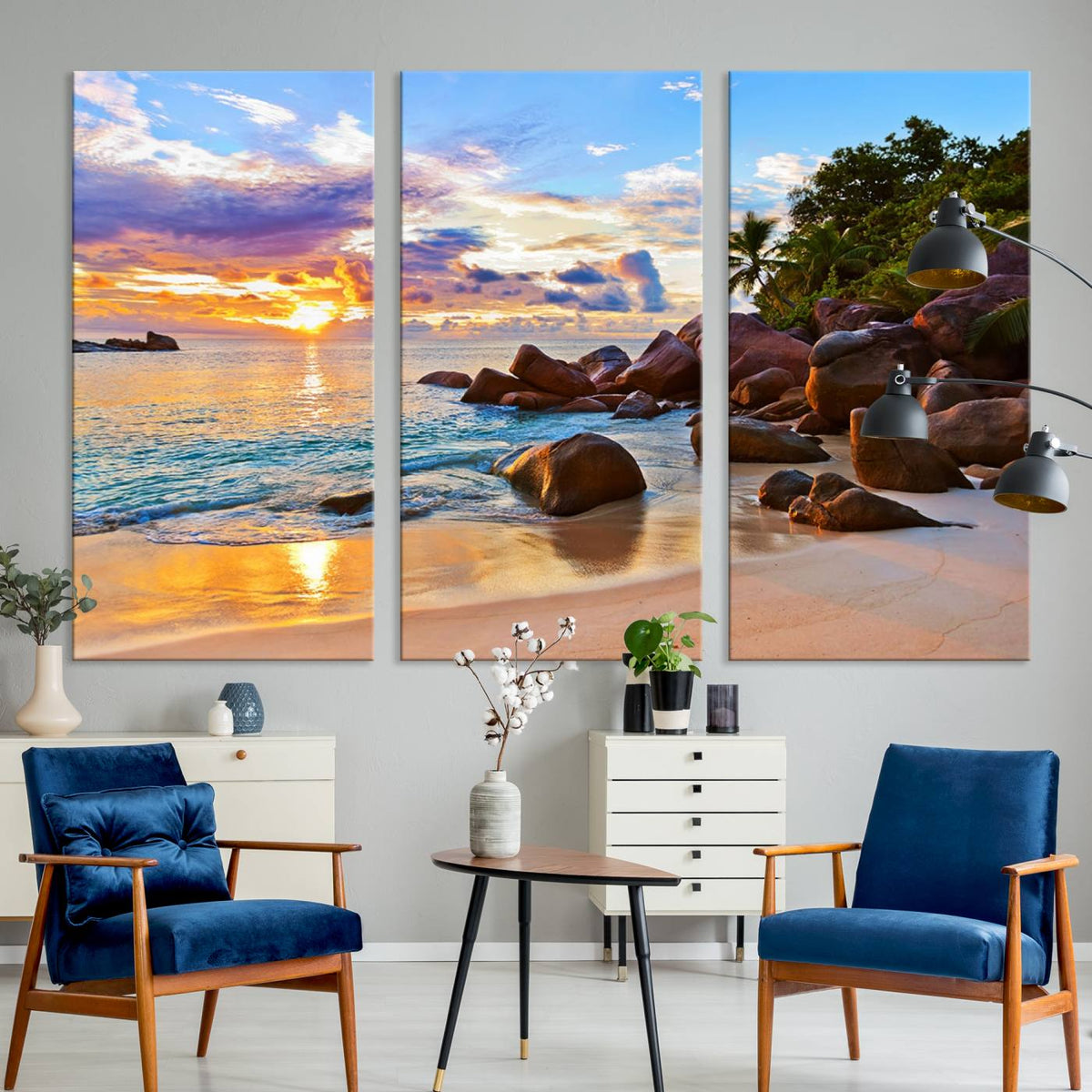 Tropical Beach Sunset Canvas Print, Ocean Waves and Rocky