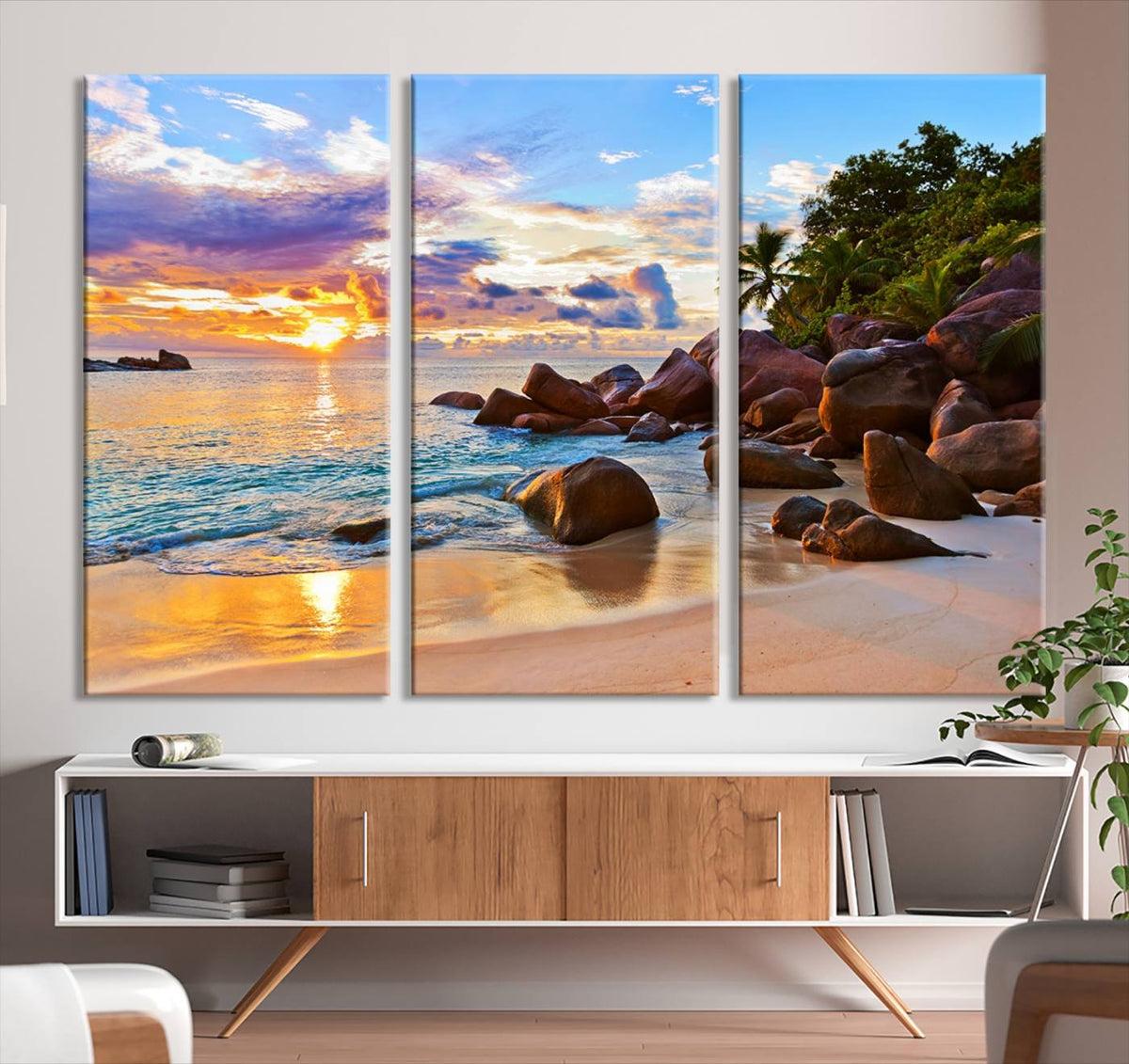 Tropical Beach Sunset Canvas Print, Ocean Waves and Rocky