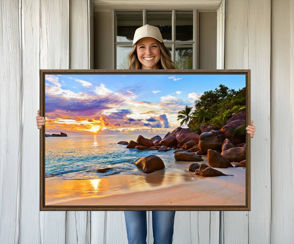 Tropical Beach Sunset Canvas Print, Ocean Waves and Rocky
