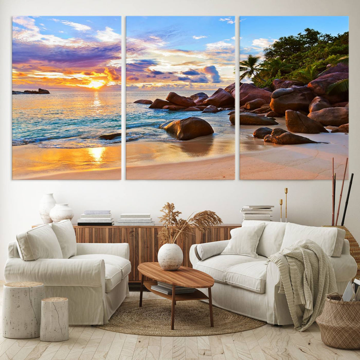 Tropical Beach Sunset Canvas Print, Ocean Waves and Rocky