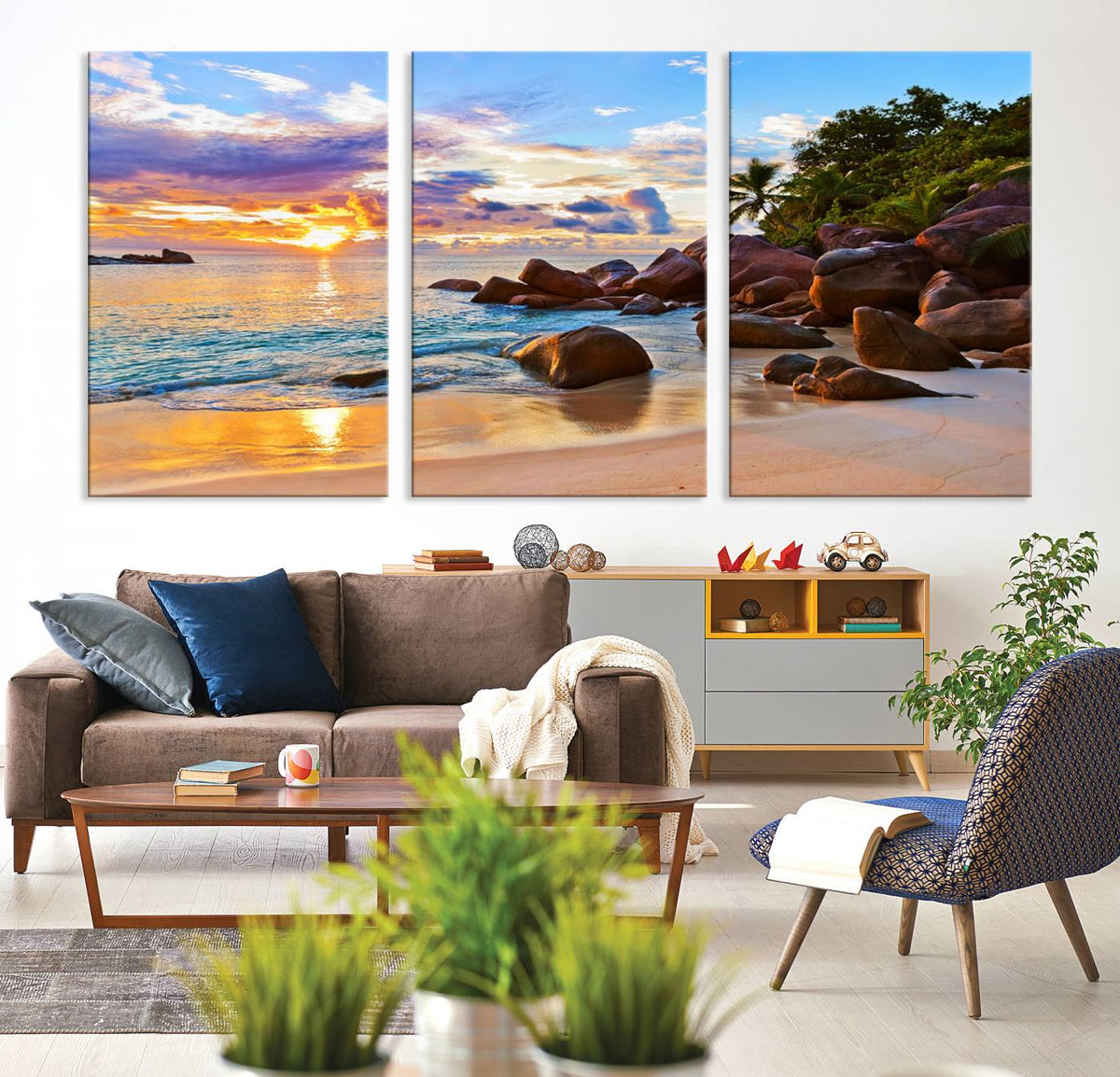 Tropical Beach Sunset Canvas Print, Ocean Waves and Rocky