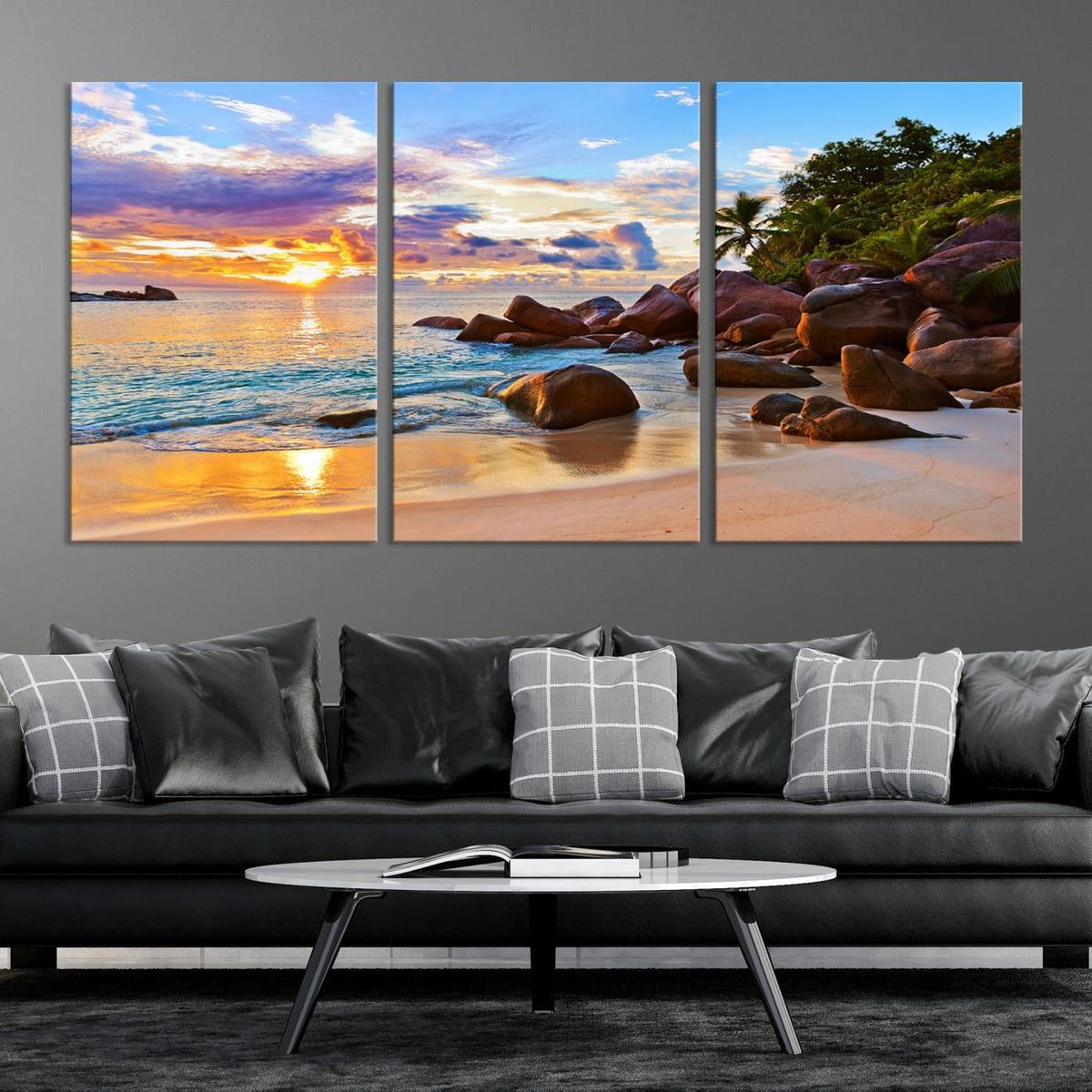 Tropical Beach Sunset Canvas Print, Ocean Waves and Rocky