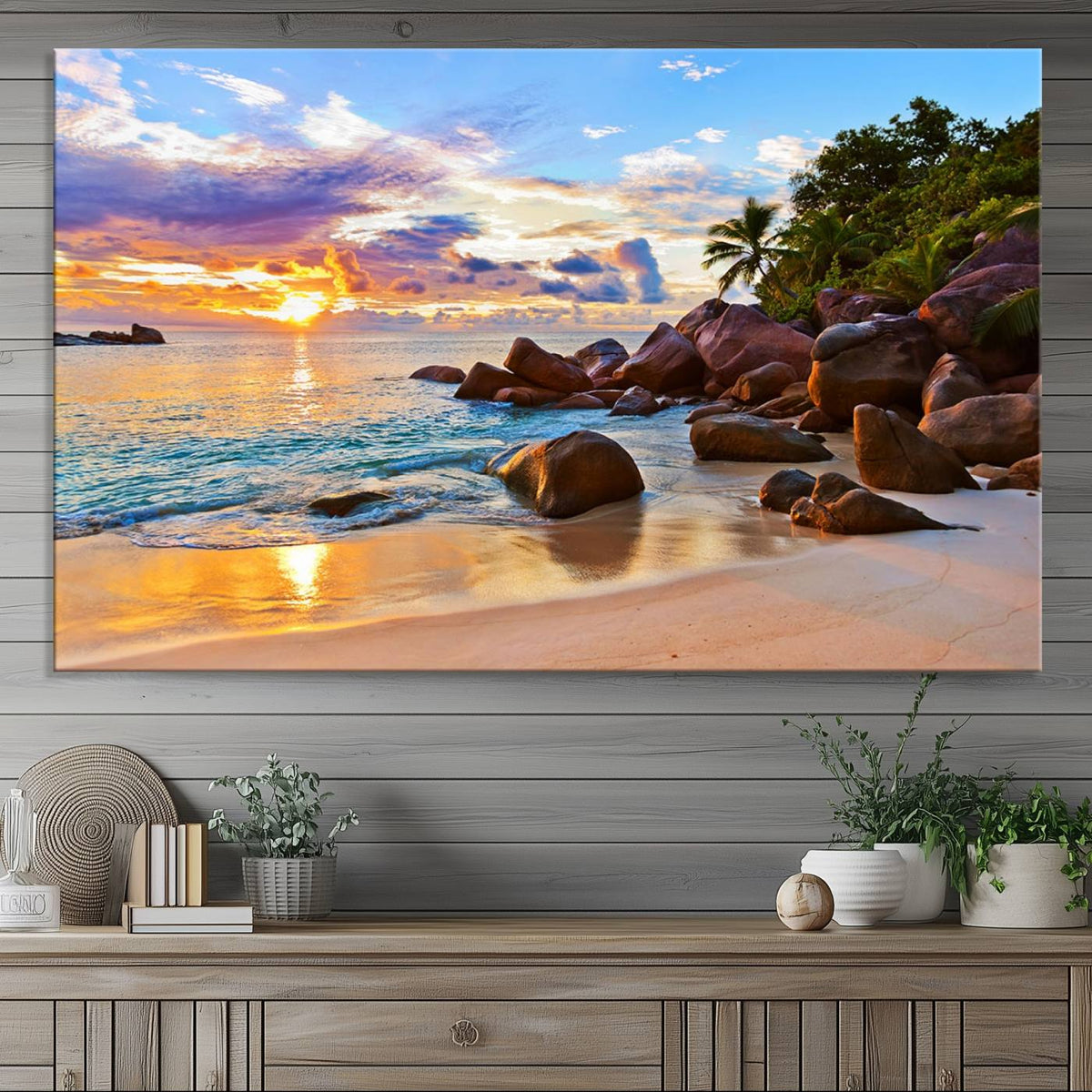 Tropical Beach Sunset Canvas Print, Ocean Waves and Rocky