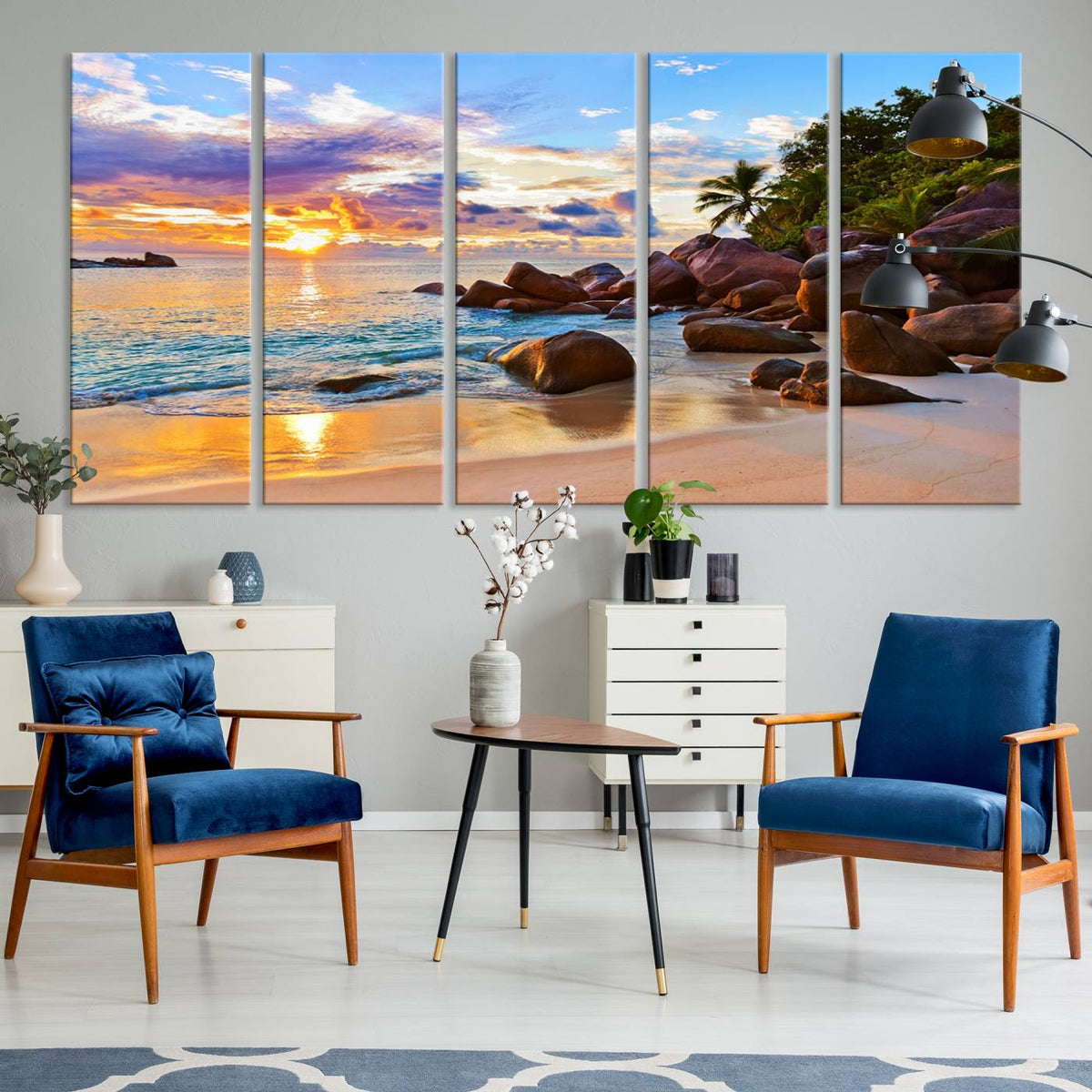 Tropical Beach Sunset Canvas Print, Ocean Waves and Rocky