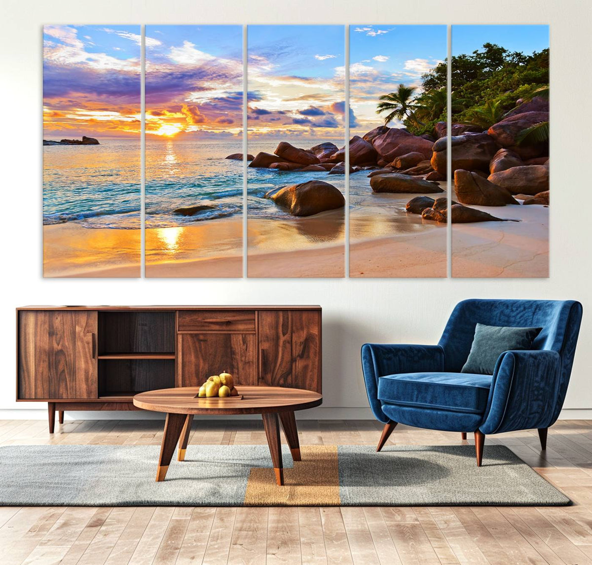 Tropical Beach Sunset Canvas Print, Ocean Waves and Rocky