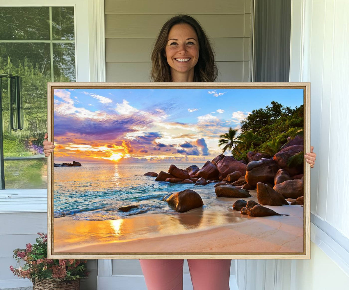 Tropical Beach Sunset Canvas Print, Ocean Waves and Rocky