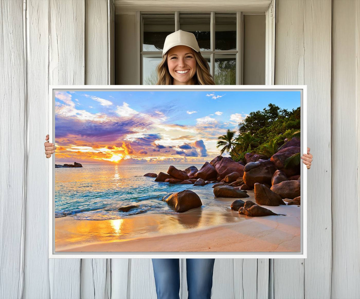 Tropical Beach Sunset Canvas Print, Ocean Waves and Rocky
