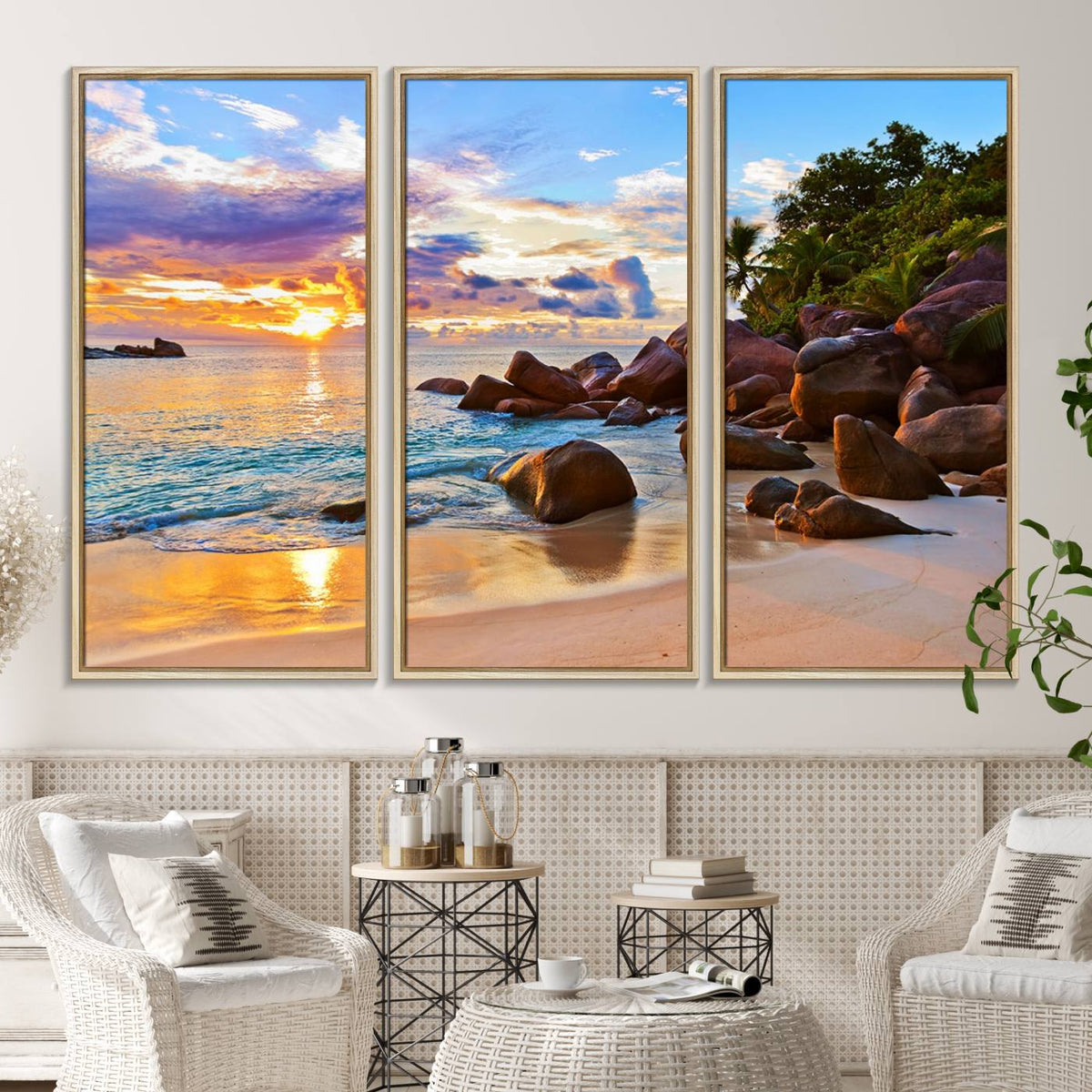 Tropical Beach Sunset Canvas Print, Ocean Waves and Rocky