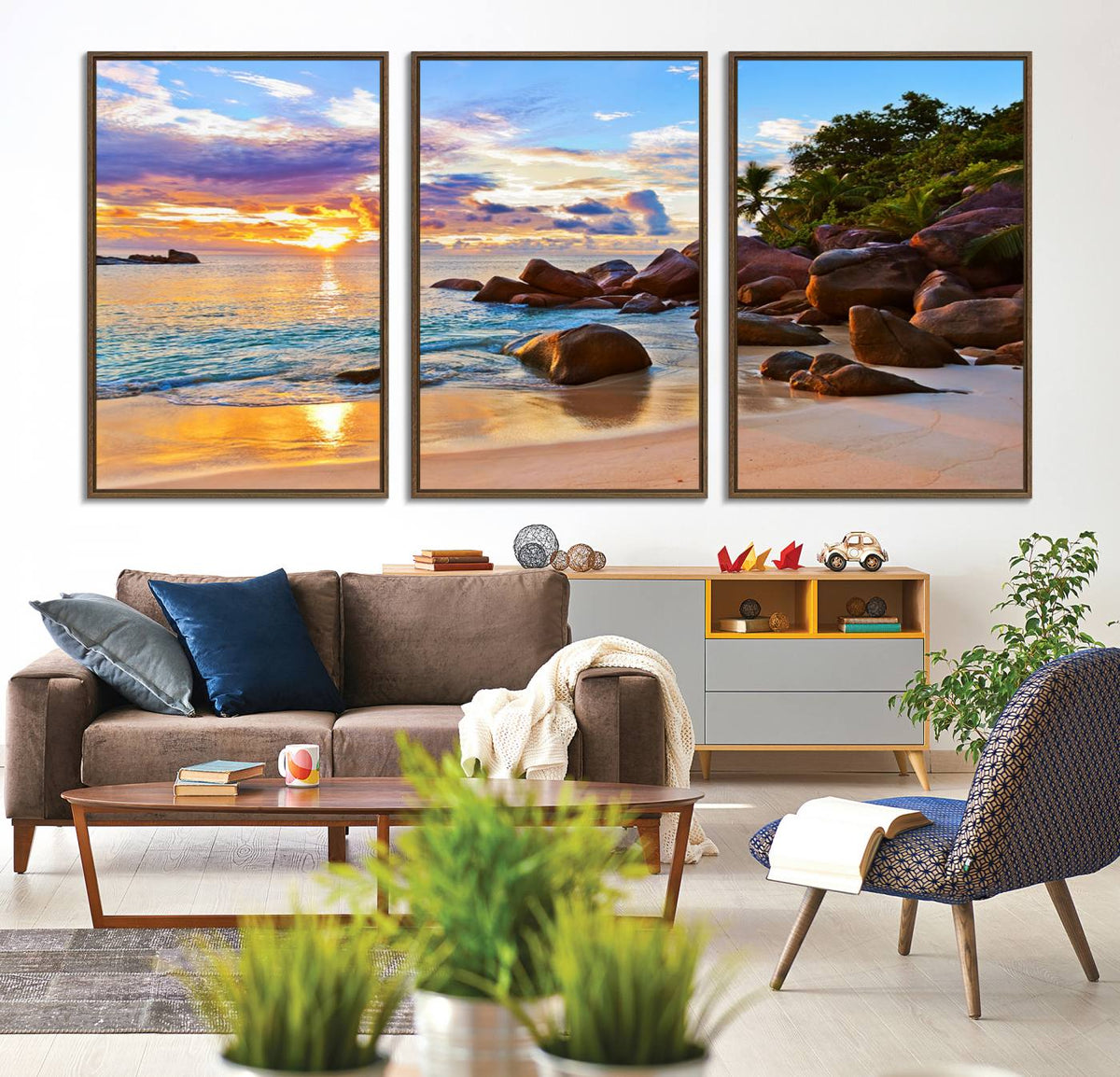 Tropical Beach Sunset Canvas Print, Ocean Waves and Rocky