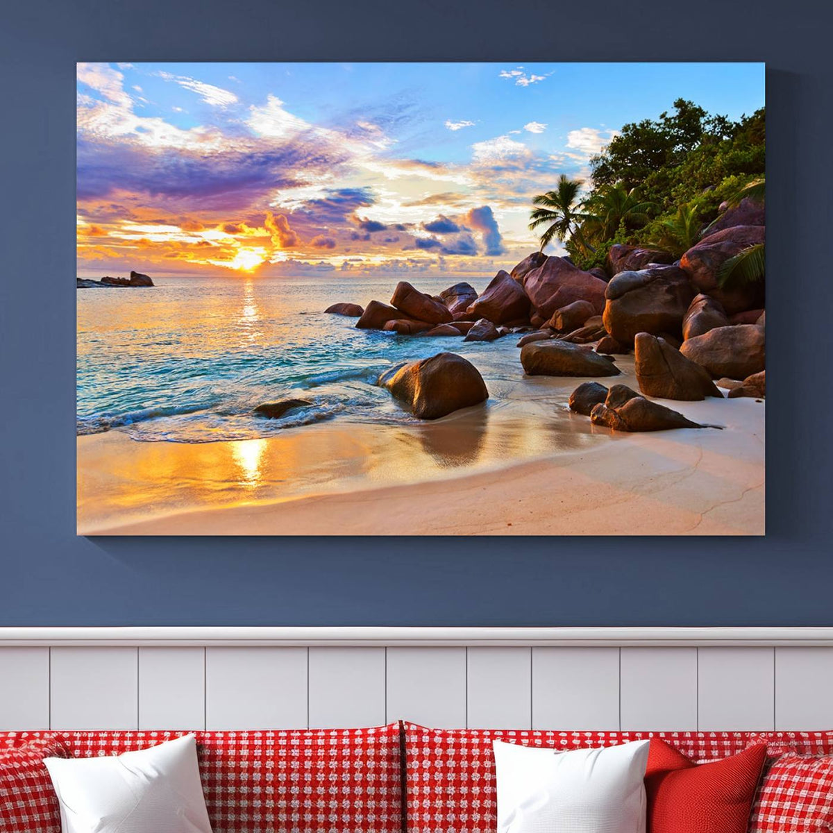 Tropical Beach Sunset Canvas Print, Ocean Waves and Rocky