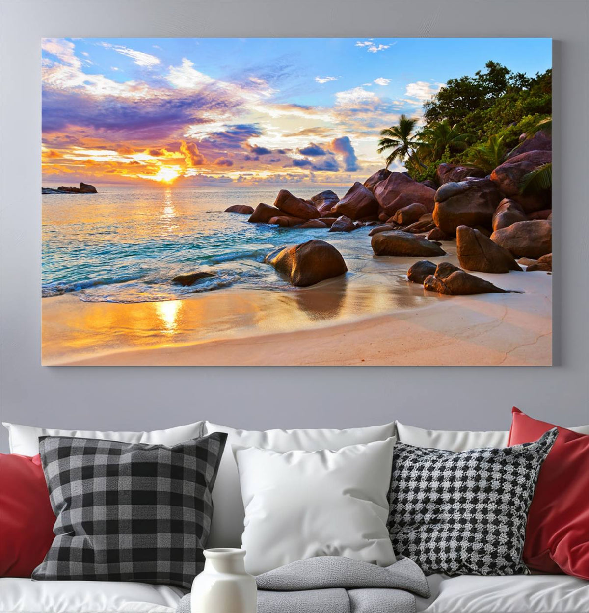 Tropical Beach Sunset Canvas Print, Ocean Waves and Rocky