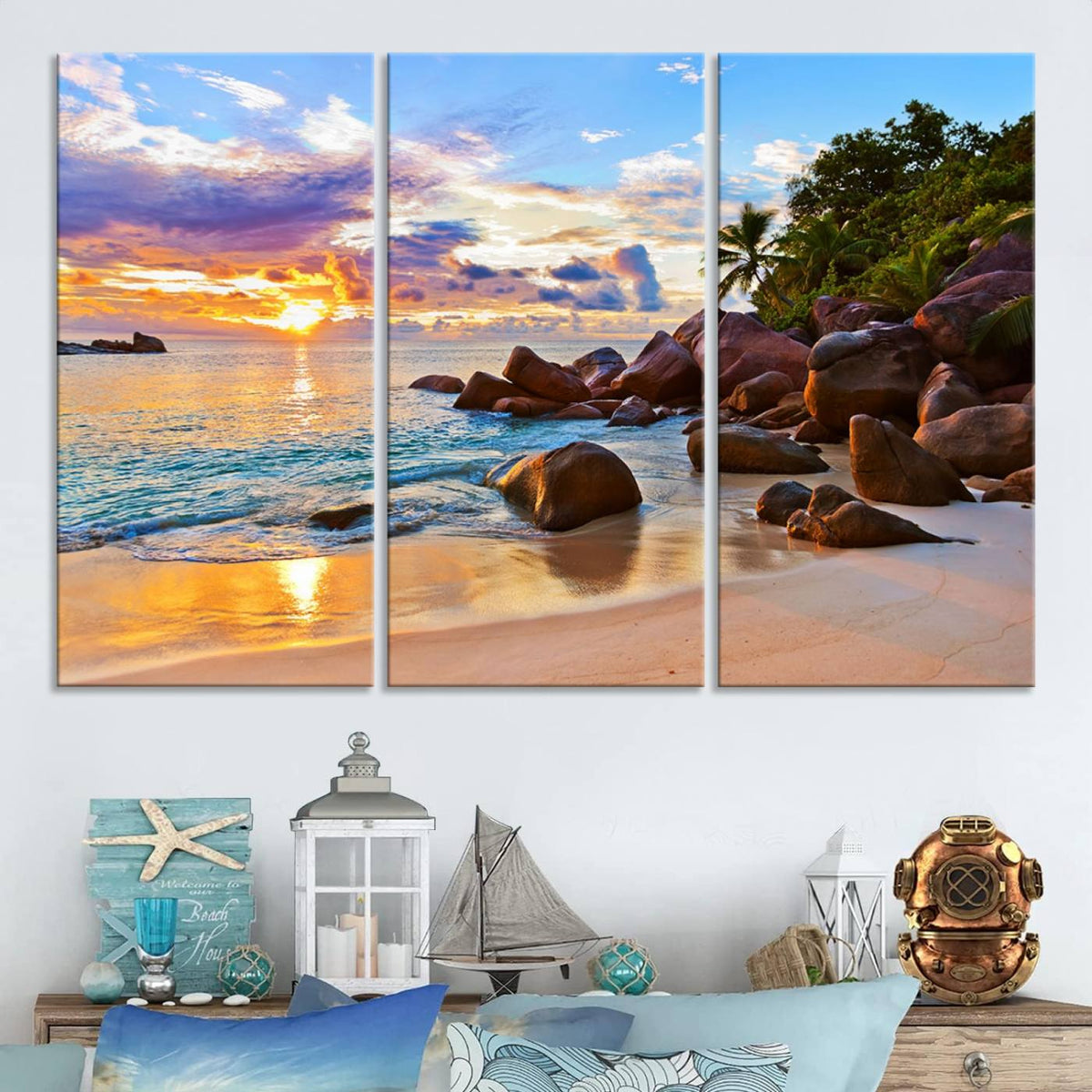 Tropical Beach Sunset Canvas Print, Ocean Waves and Rocky