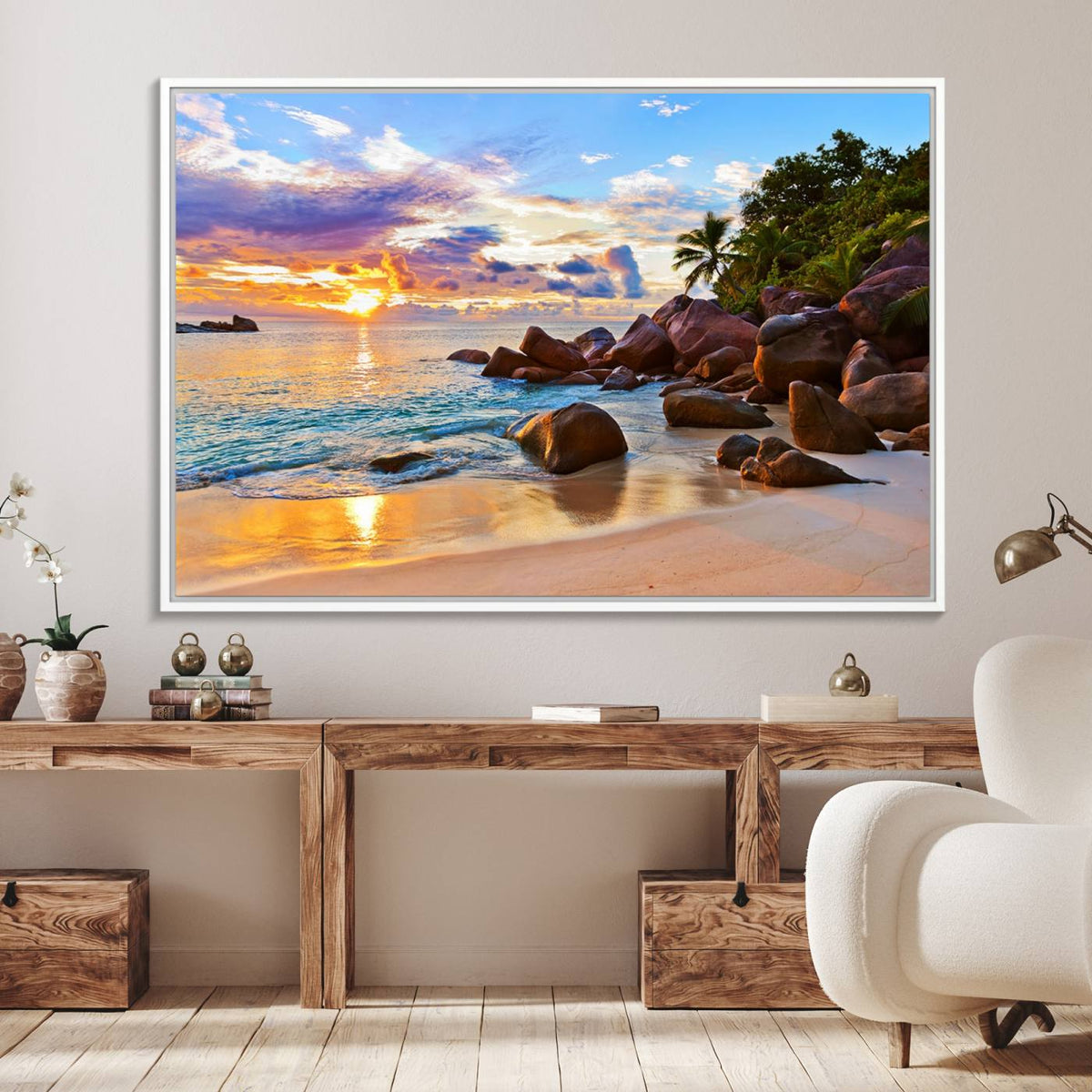 Tropical Beach Sunset Canvas Print, Ocean Waves and Rocky