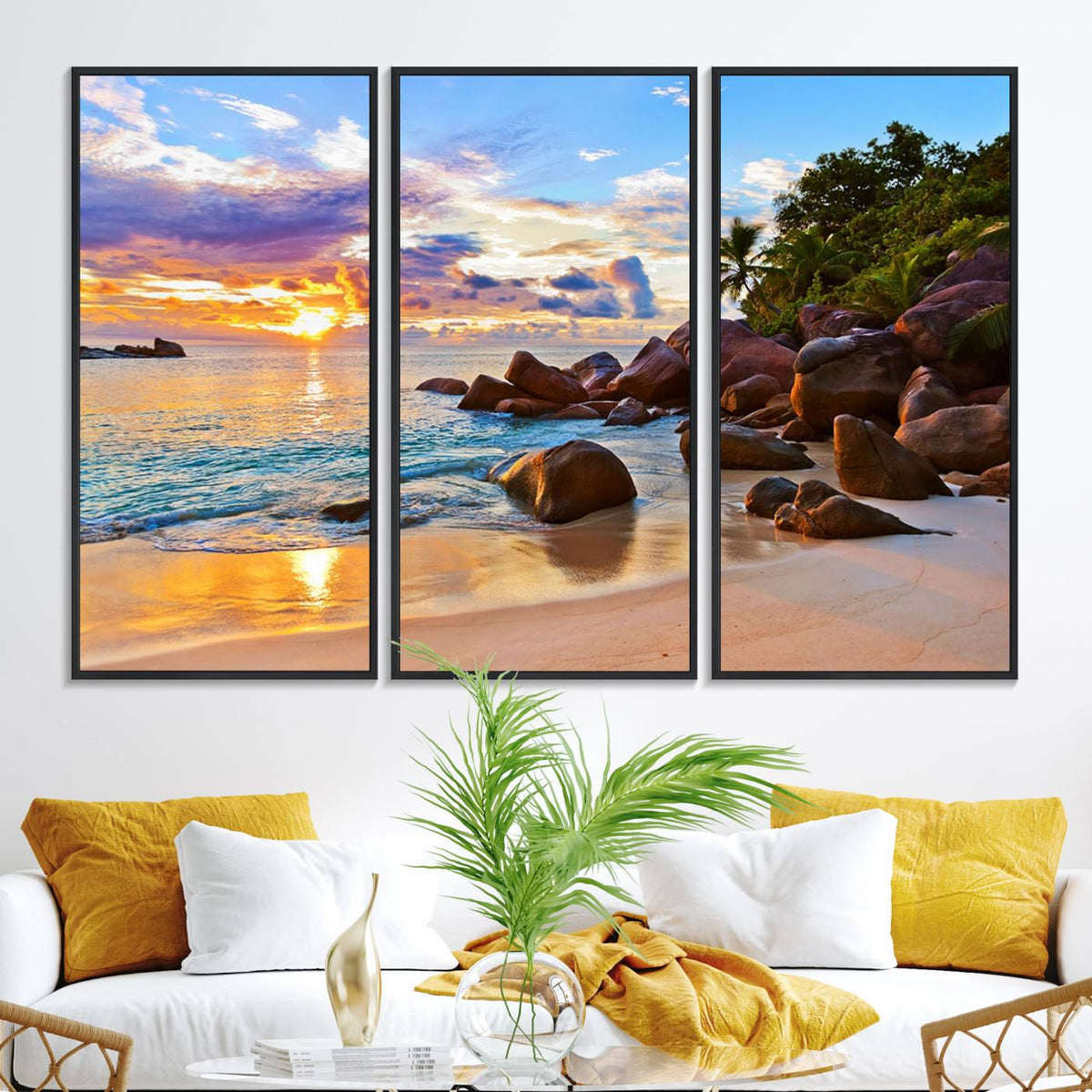 Tropical Beach Sunset Canvas Print, Ocean Waves and Rocky