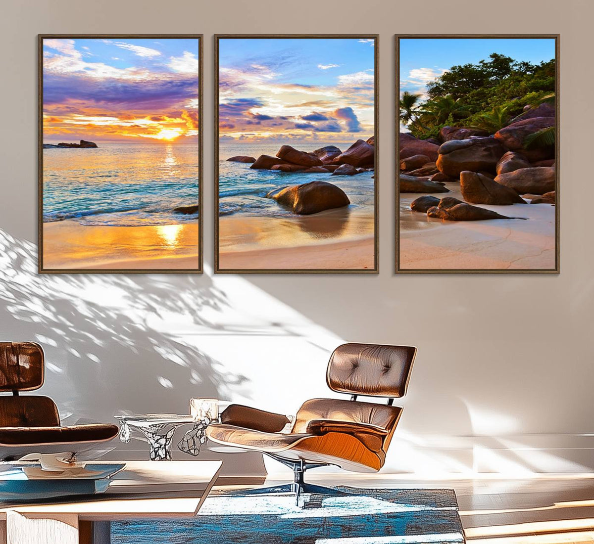 Tropical Beach Sunset Canvas Print, Ocean Waves and Rocky