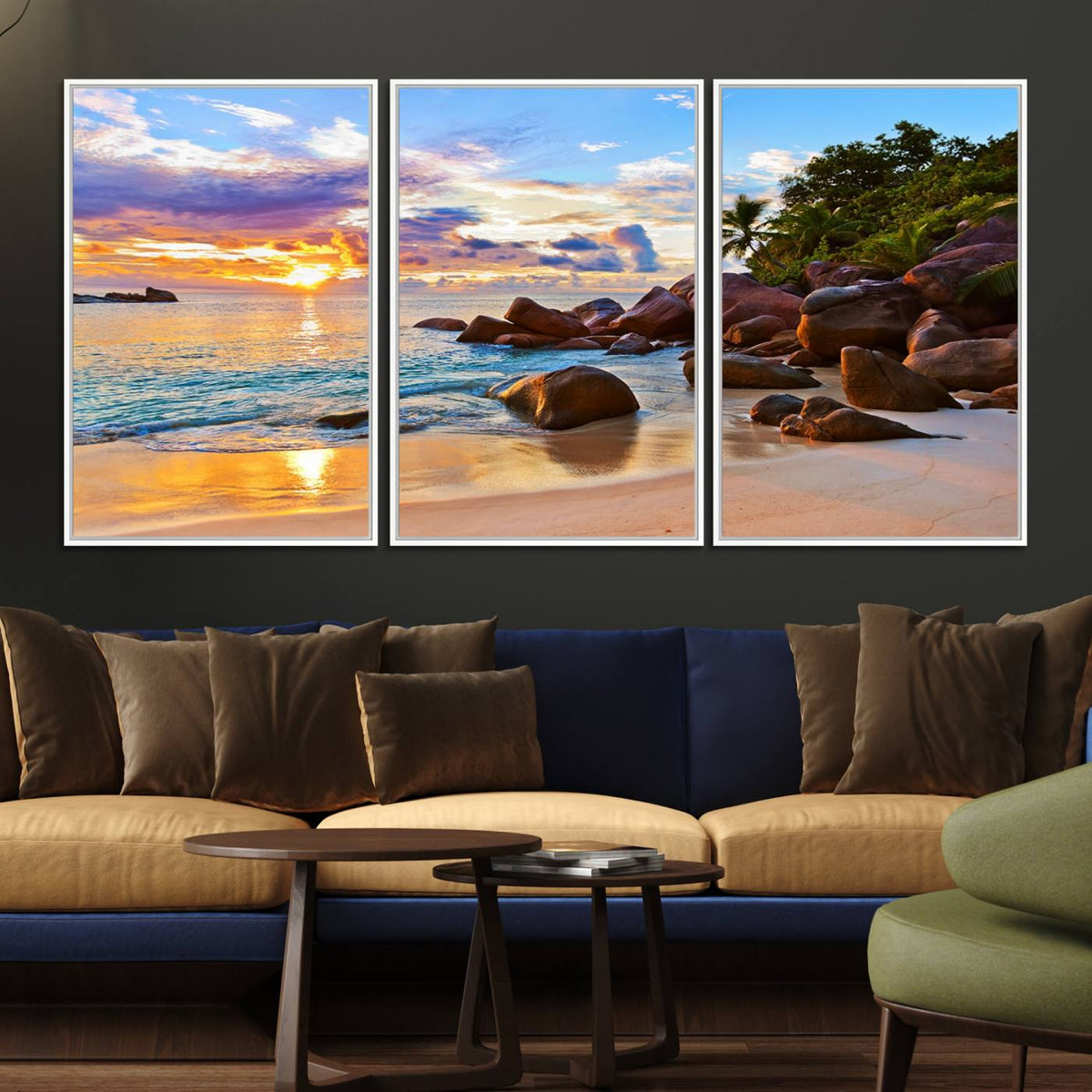 Tropical Beach Sunset Canvas Print, Ocean Waves and Rocky