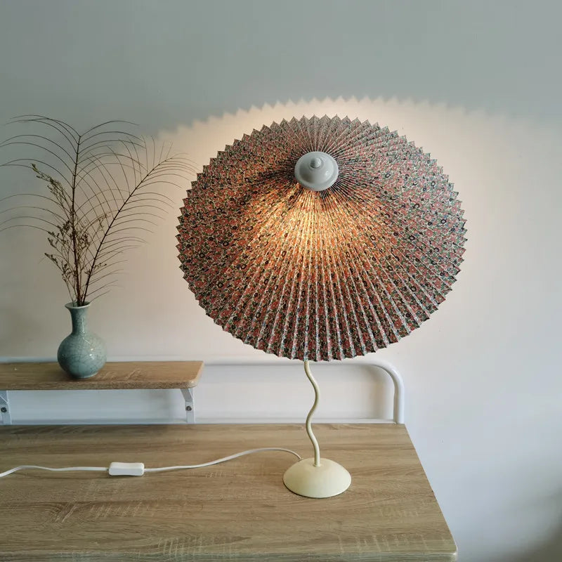 Vintage Pleated Table Lamp Umbrella Squiggle Bedside Night Light Living Room