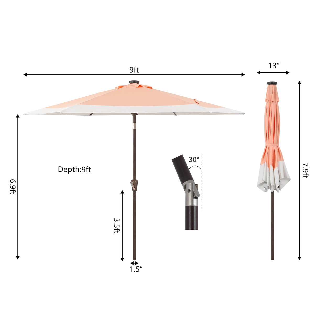 Spencer classic coastal 2-tone solar led market patio umbrella with 12 led strip lights
