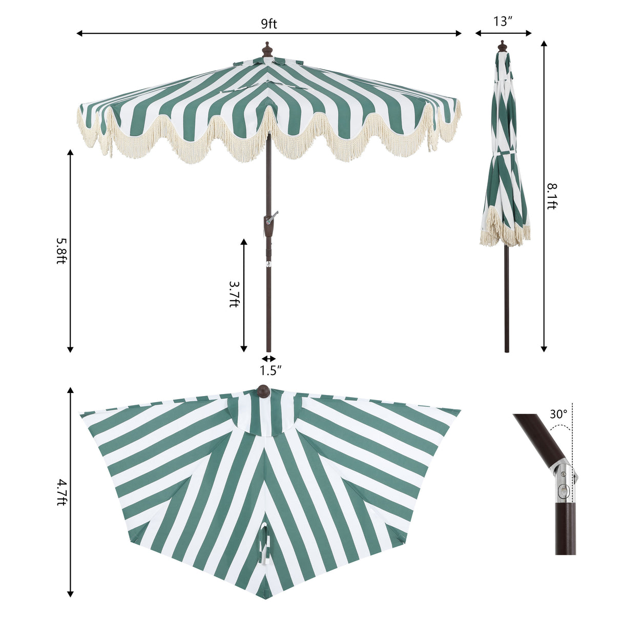 Beverly designer classic scalloped fringe half market patio umbrella with crank