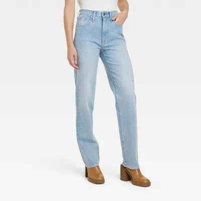 Universal Thread Women High-Rise Vintage Straight Jeans Rhinestones Embellished