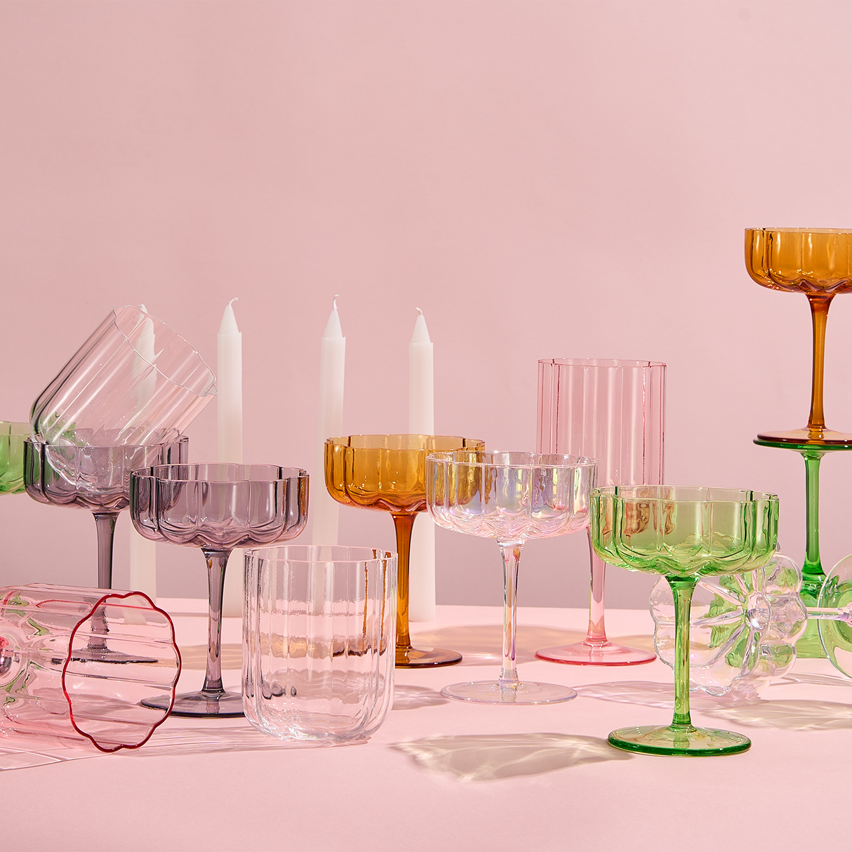 Flower Lowball Glassware, Pink, Set of 2