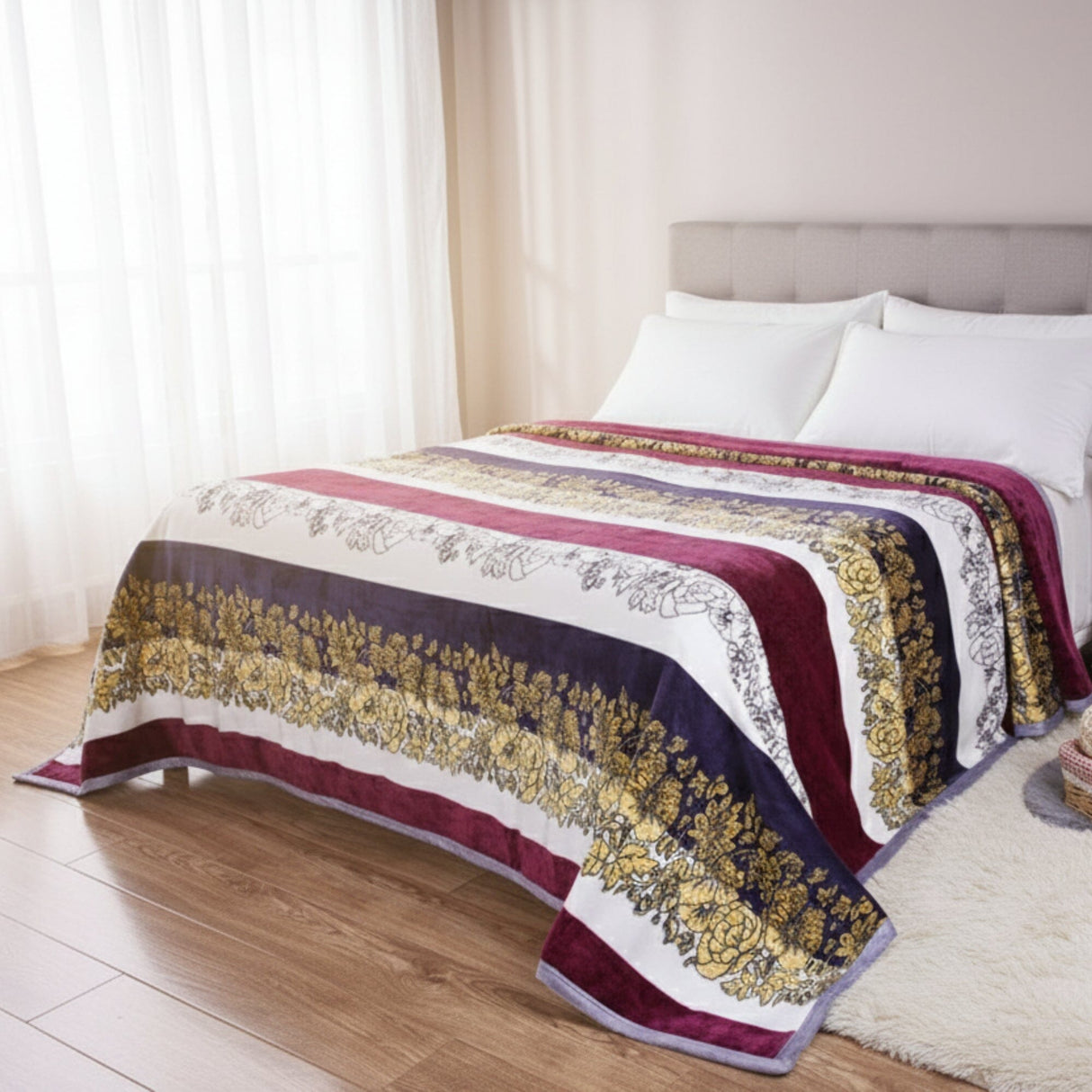 DaDa Bedding Botanical Floral Striped Carnations Mink Flannel Fleece Throw Blanket (XY9829)