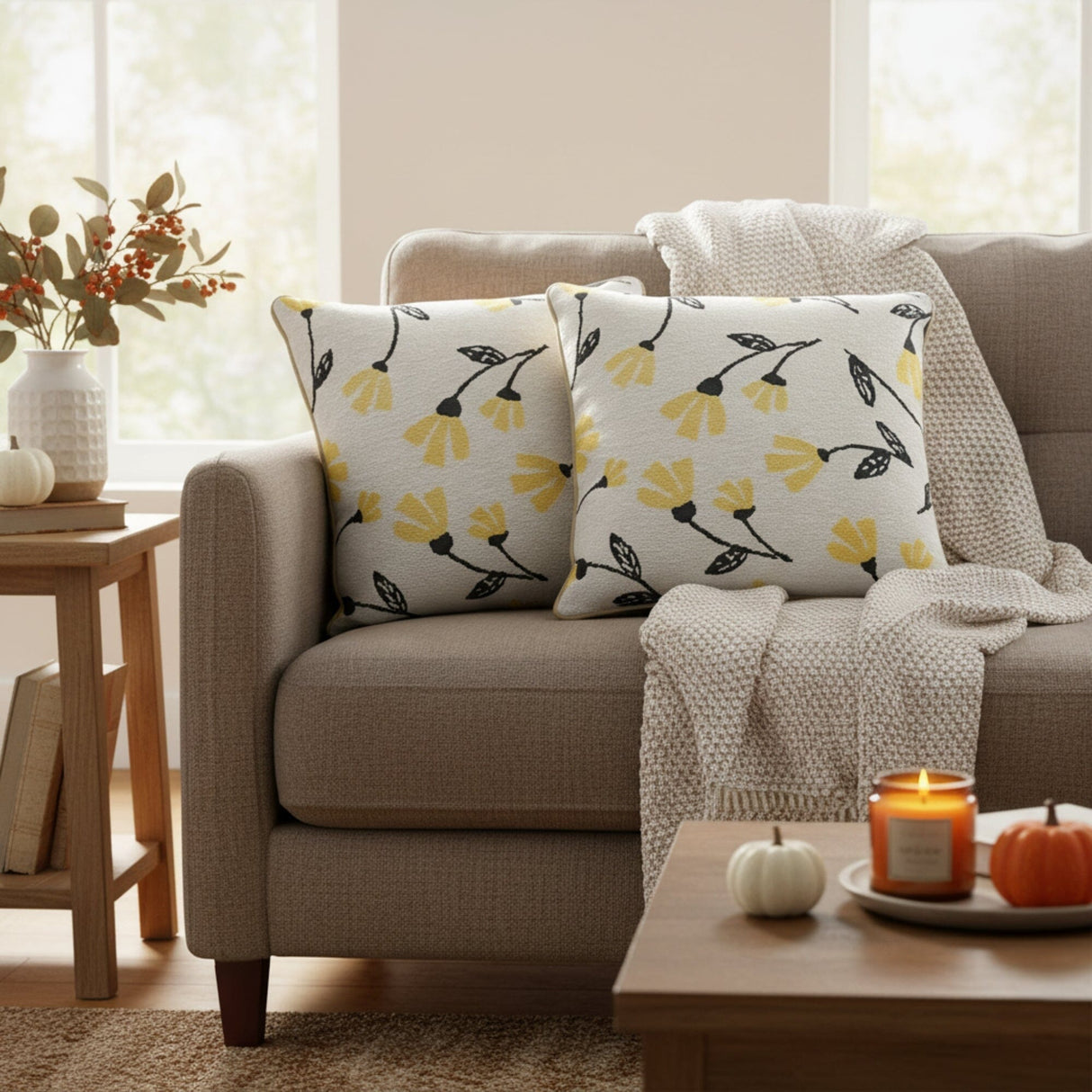 DaDa Bedding Yellow Fleur Floral Botanical Spring Tapestry Throw Pillow Cover, 16" x 16" (18112)