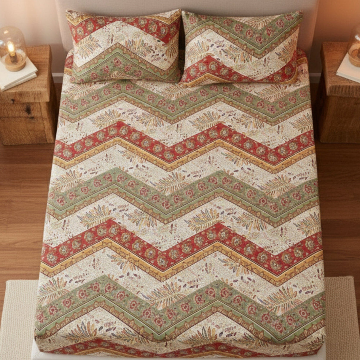 DaDa Bedding Botanical Cranberry Sage Chevron Floral Fitted Bed Sheet w/ Pillow Cases (JHW-924-Fitted)