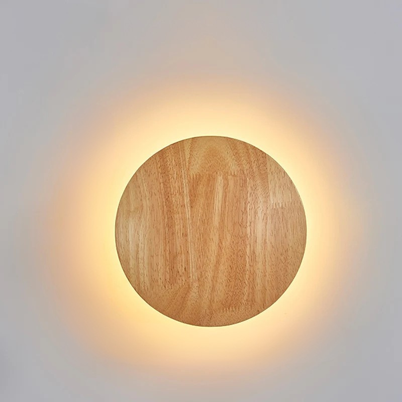 Nordic LED Wall Light Circular Wooden Modern Bedside Bedroom Staircase Sconce