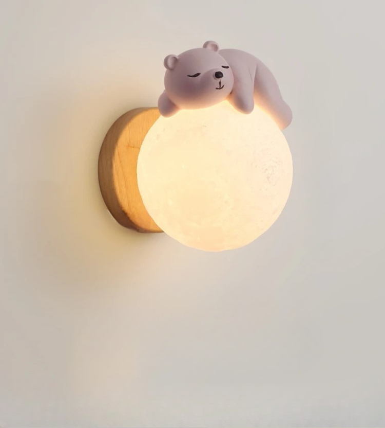 Cute Bear Moon Wall Light Kids Bedroom Nursery Night Light Cartoon Animal Lamp