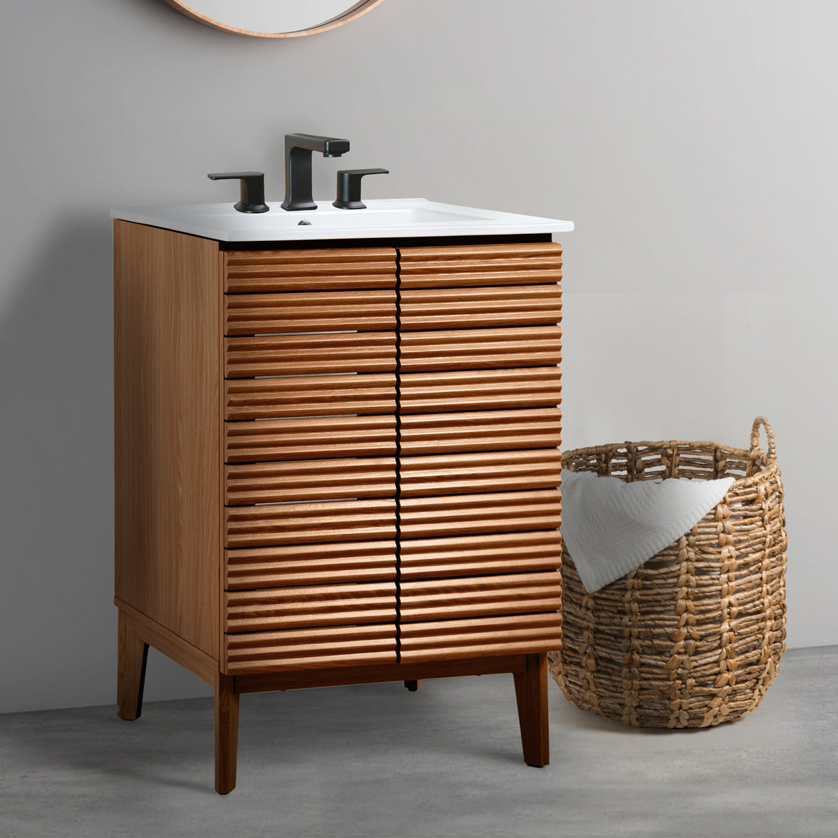 Calandre Thin Linear Slat Modern Farmhouse 2-Shelf Bath Vanity Cabinet Only