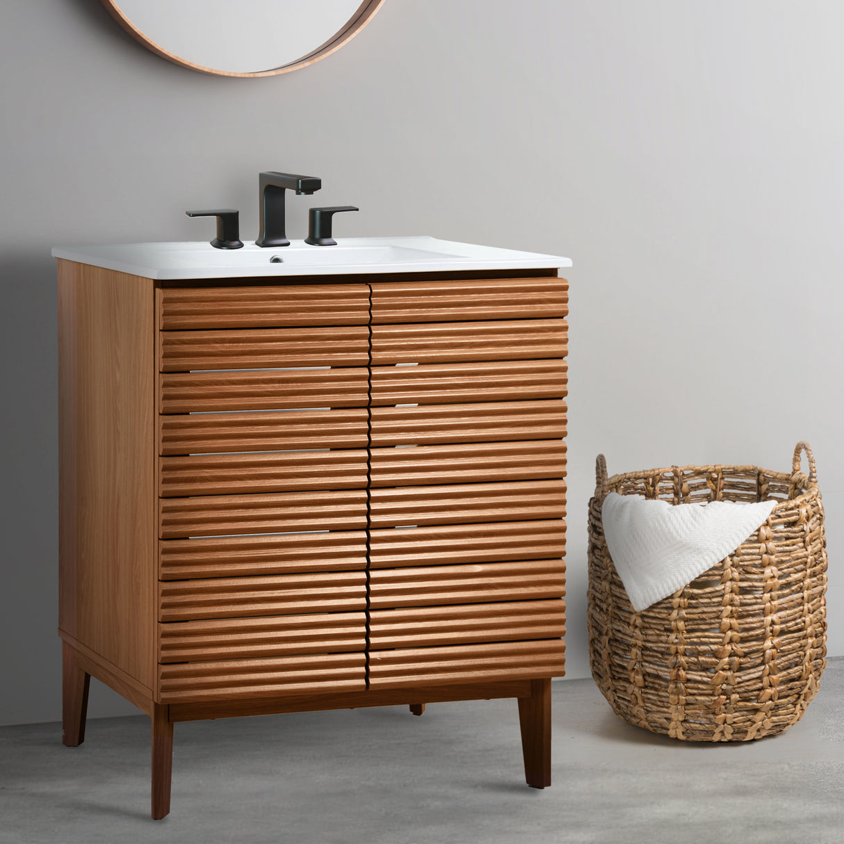 Calandre Thin Linear Slat Modern Farmhouse 2-Shelf Bath Vanity Cabinet Only