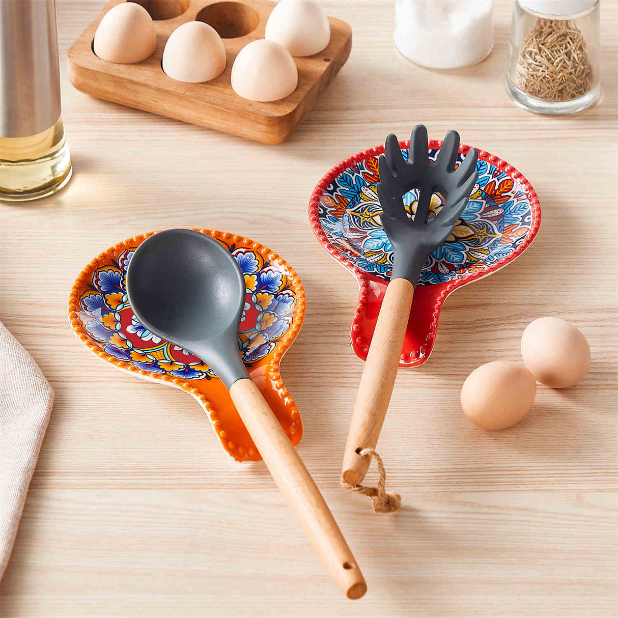 Simi Spoon Rests Set of 2 Porcelain with Vibrant Floral Design