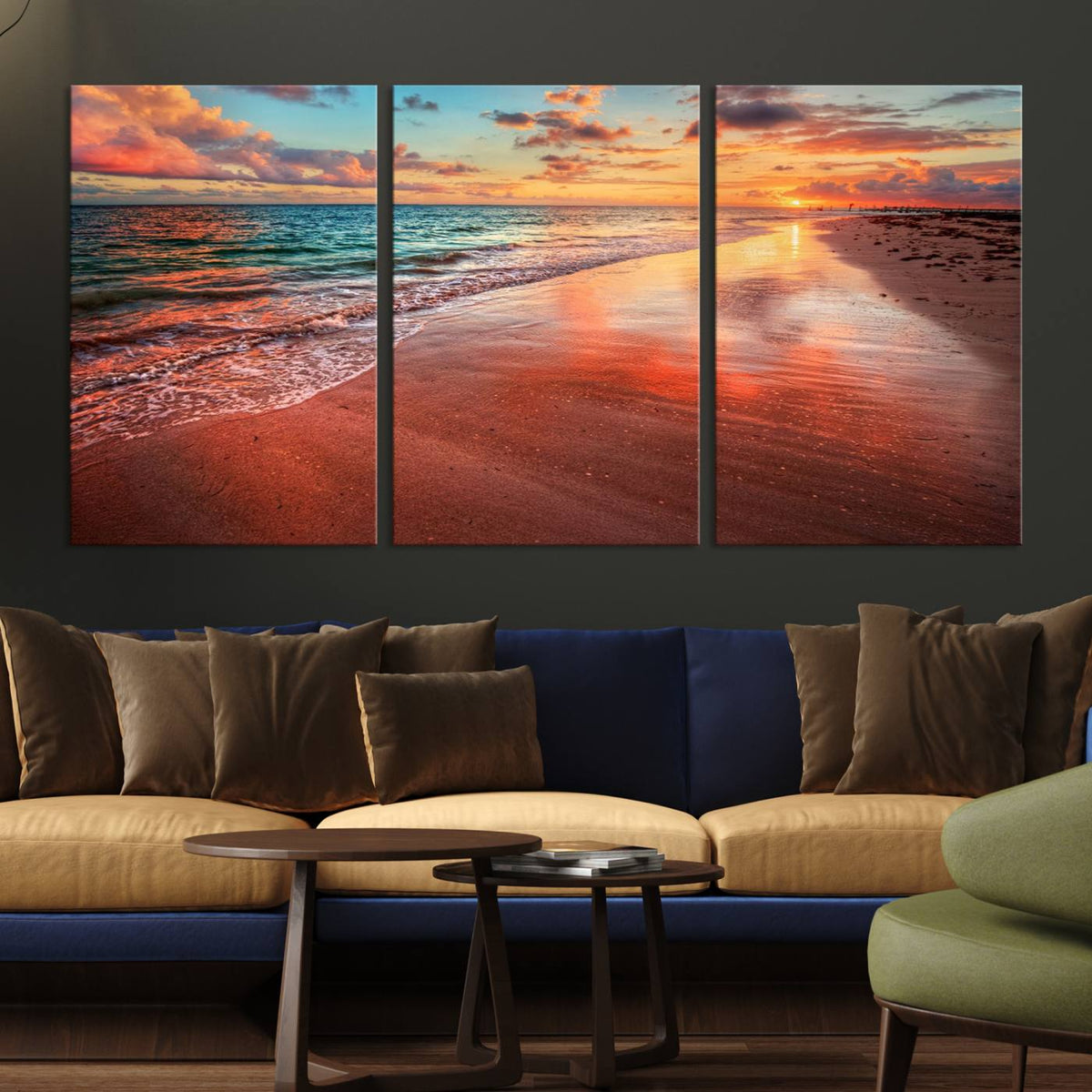 Vibrant Sunset Beach Canvas Print, Ocean Waves and Sandy