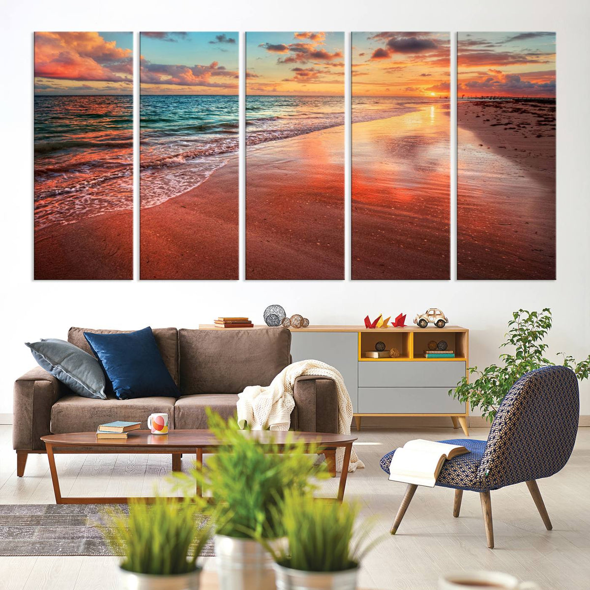Vibrant Sunset Beach Canvas Print, Ocean Waves and Sandy