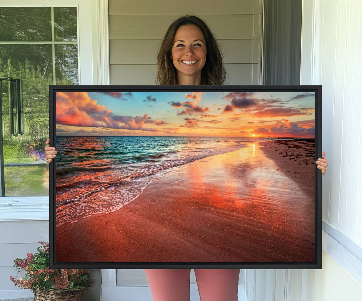 Vibrant Sunset Beach Canvas Print, Ocean Waves and Sandy
