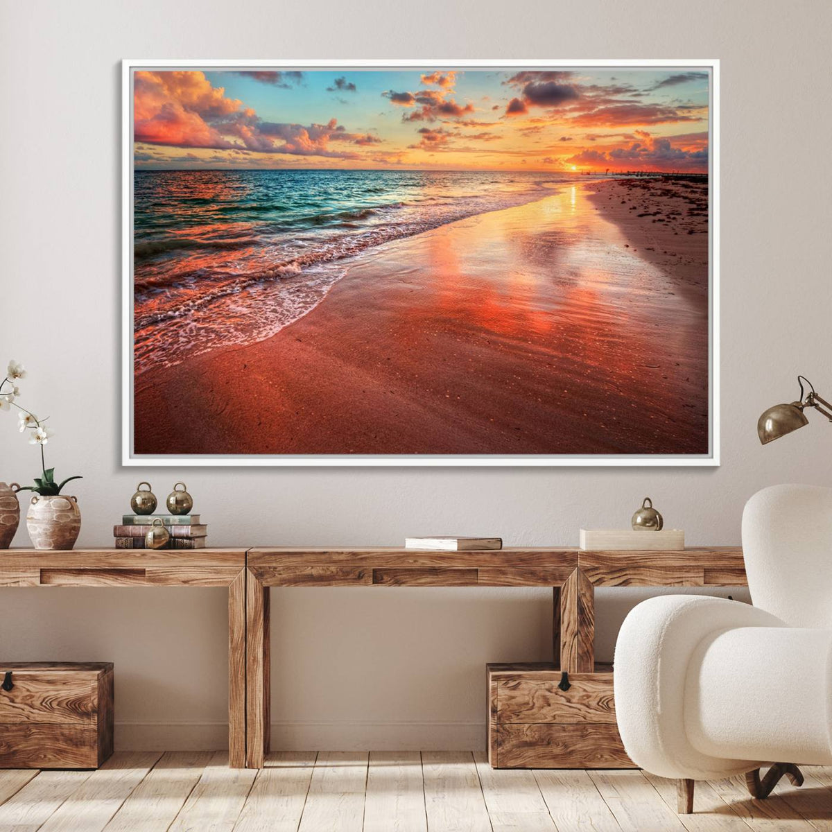 Vibrant Sunset Beach Canvas Print, Ocean Waves and Sandy