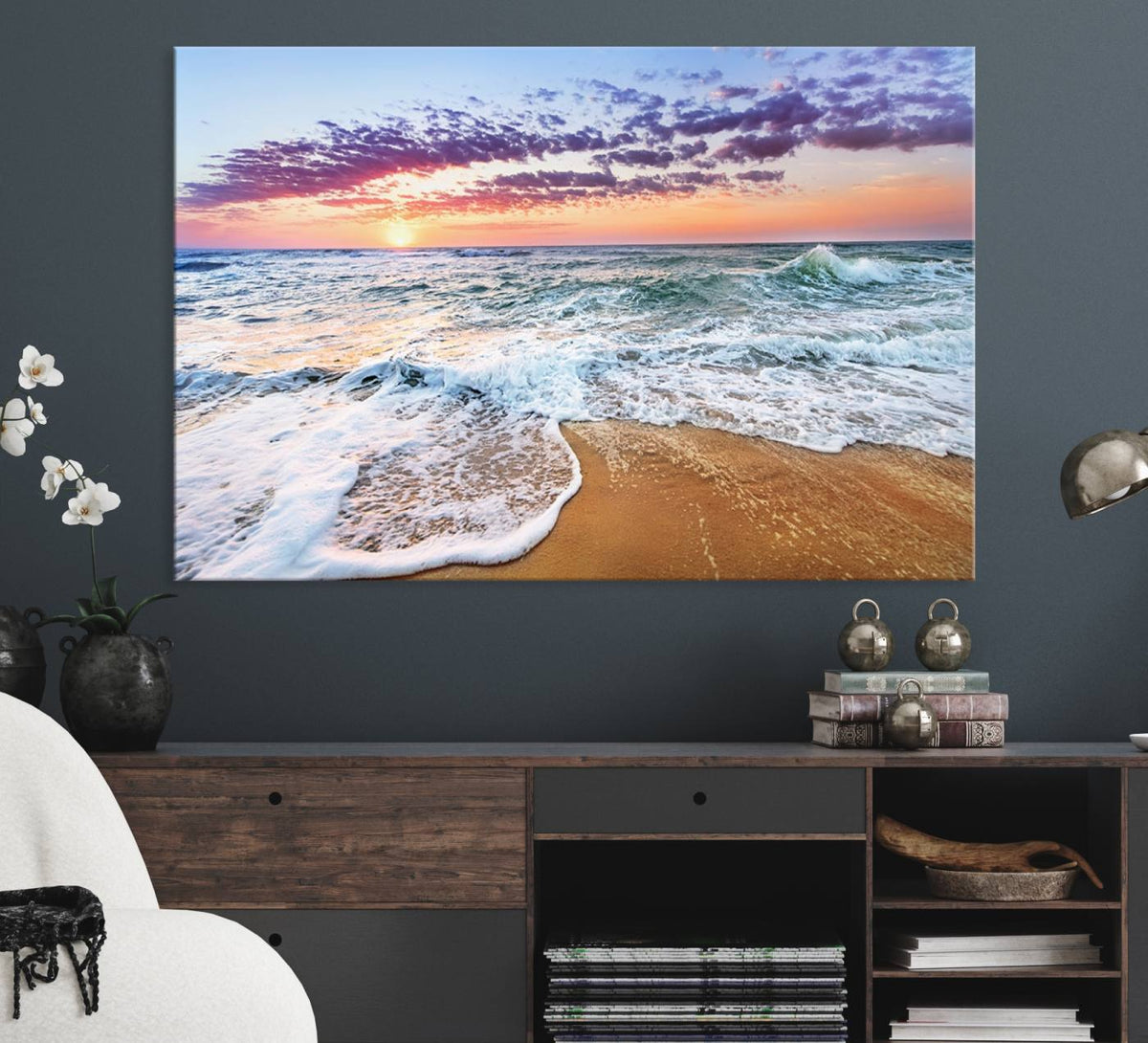 Vivid Sunset Ocean Waves Wall Art Print, Coastal Beach