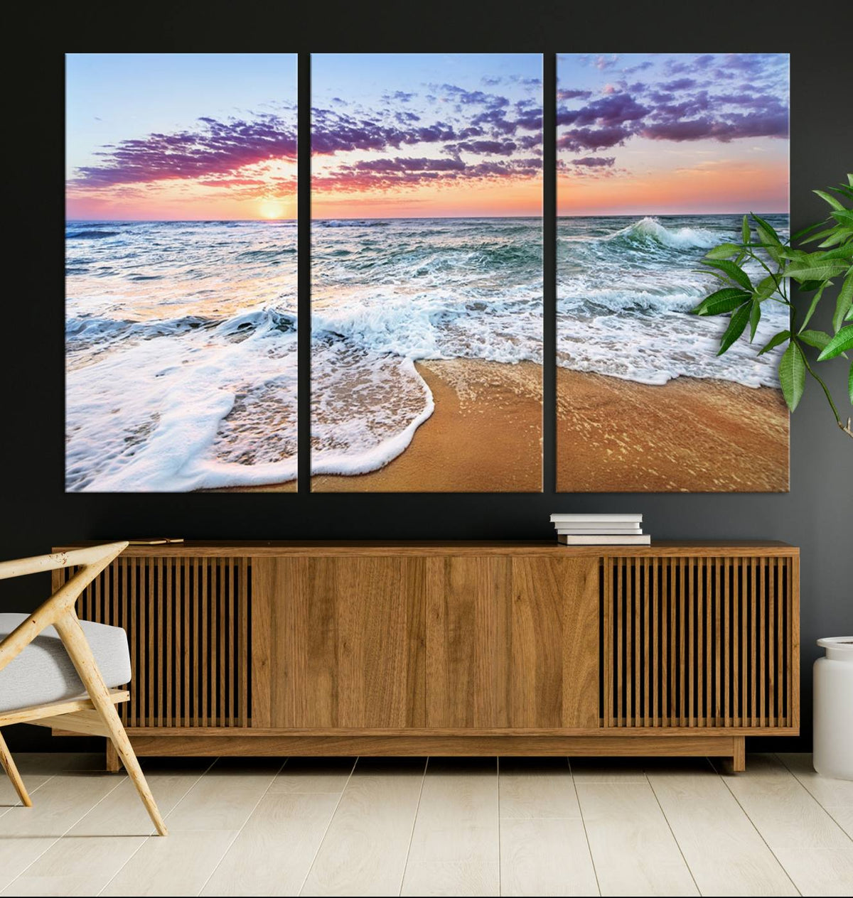 Vivid Sunset Ocean Waves Wall Art Print, Coastal Beach