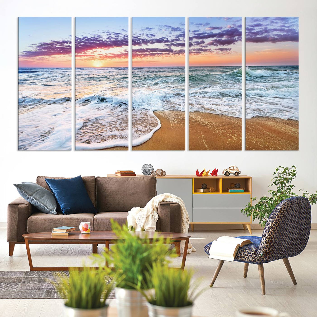 Vivid Sunset Ocean Waves Wall Art Print, Coastal Beach