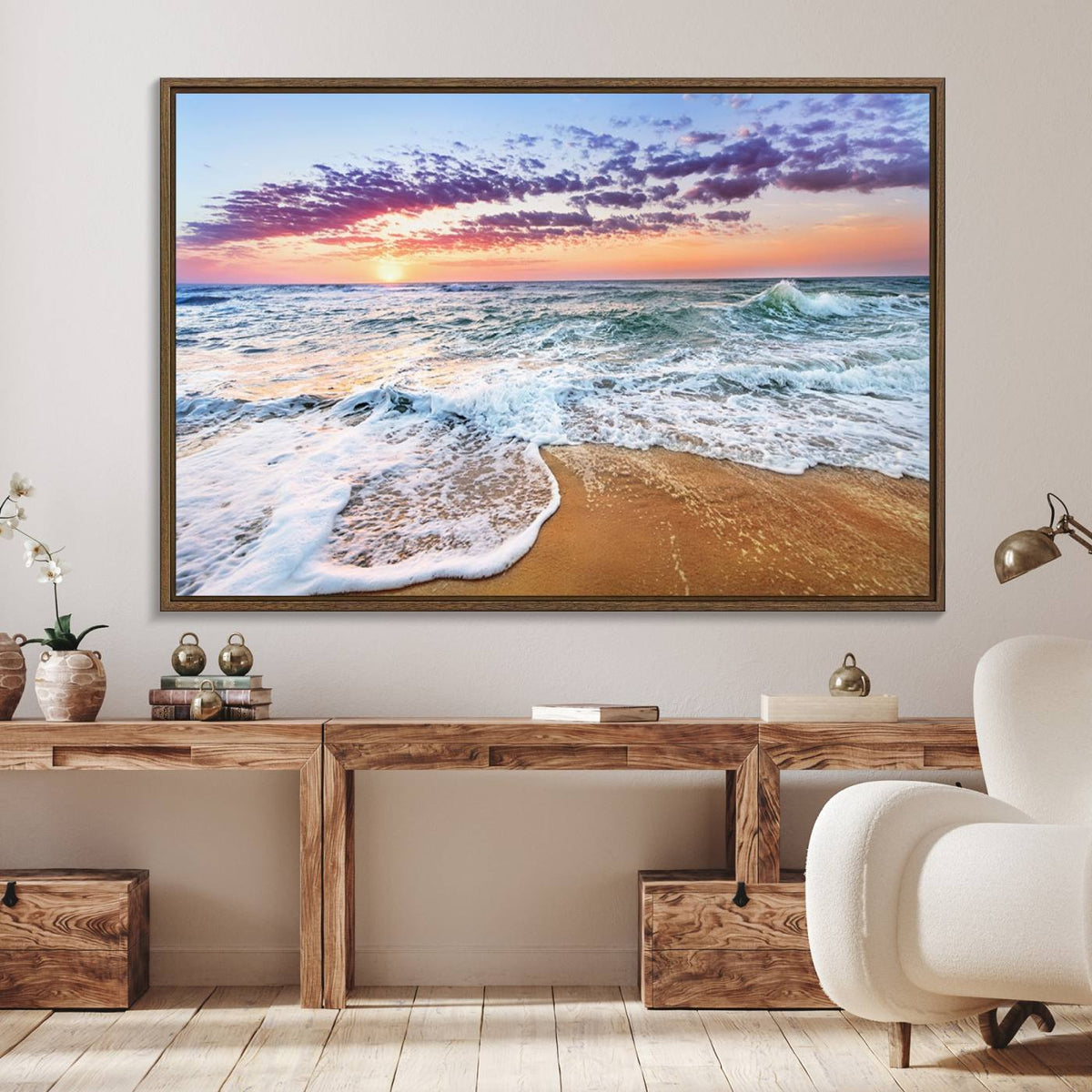 Vivid Sunset Ocean Waves Wall Art Print, Coastal Beach
