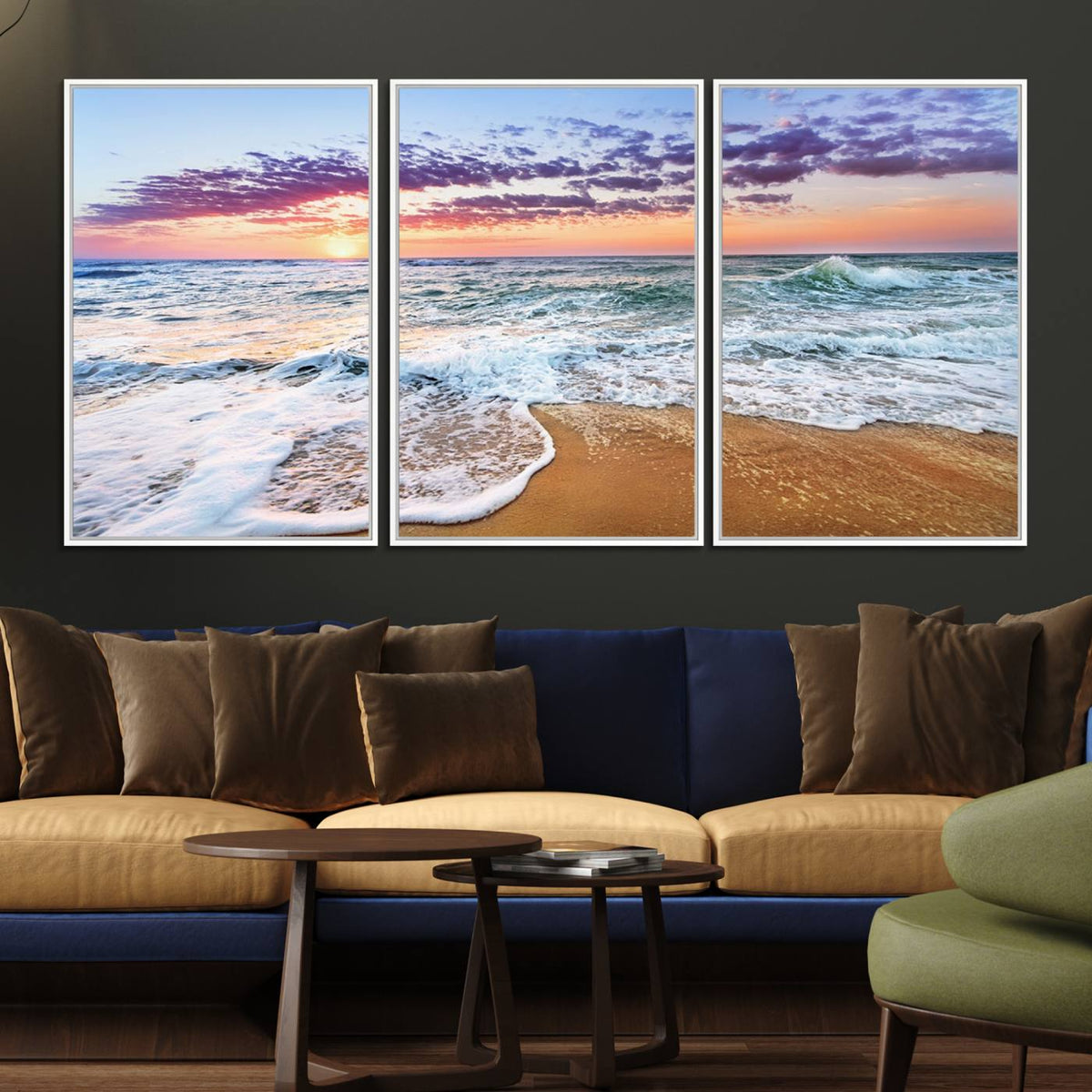 Vivid Sunset Ocean Waves Wall Art Print, Coastal Beach