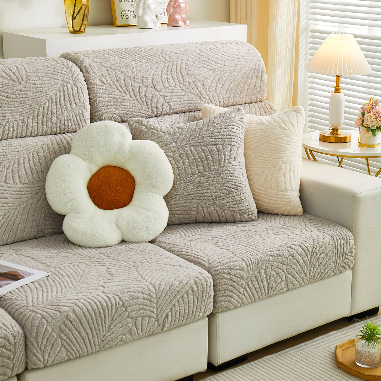 Cozy Plush Coral Fleece Sofa Cushion Slipcovers, Stretch Leaves Cushion Covers, Furniture Slipcovers
