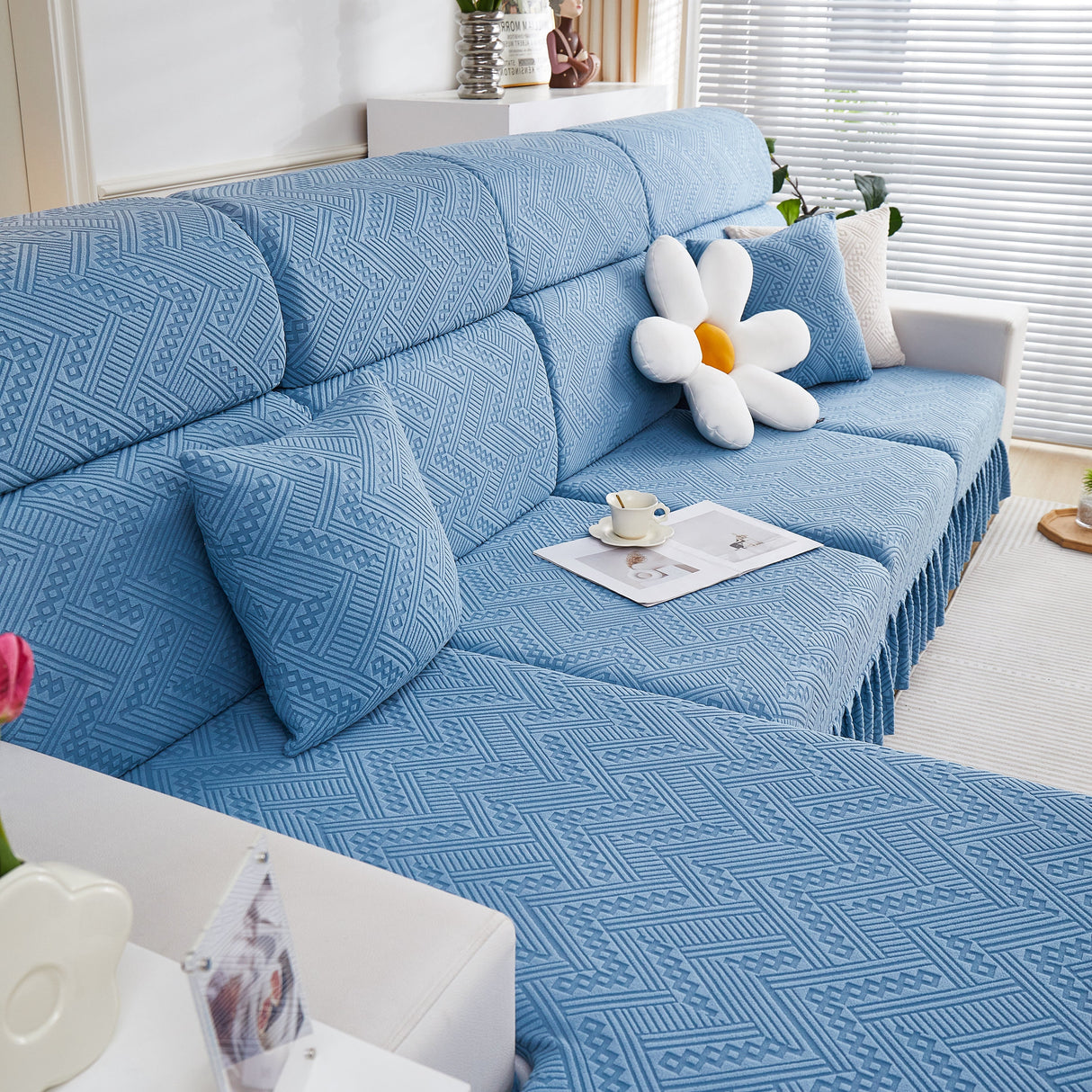 Stretchable Chaise Lounge Sofa Covers and Couch Seat Covers with Skirt for Sectional Couches