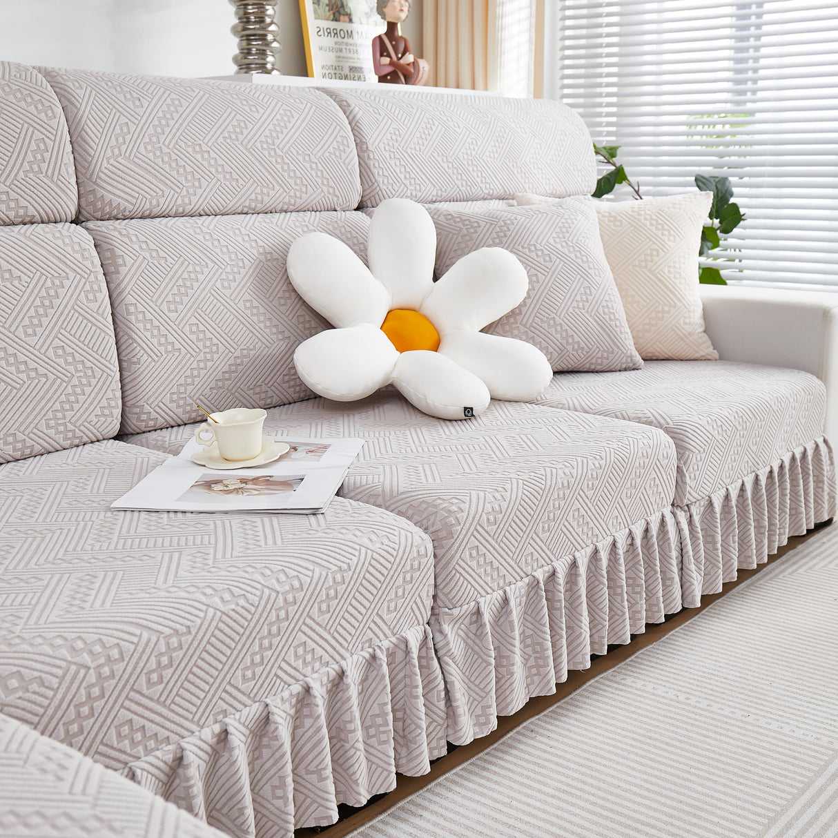 Stretchable Chaise Lounge Sofa Covers and Couch Seat Covers with Skirt for Sectional Couches